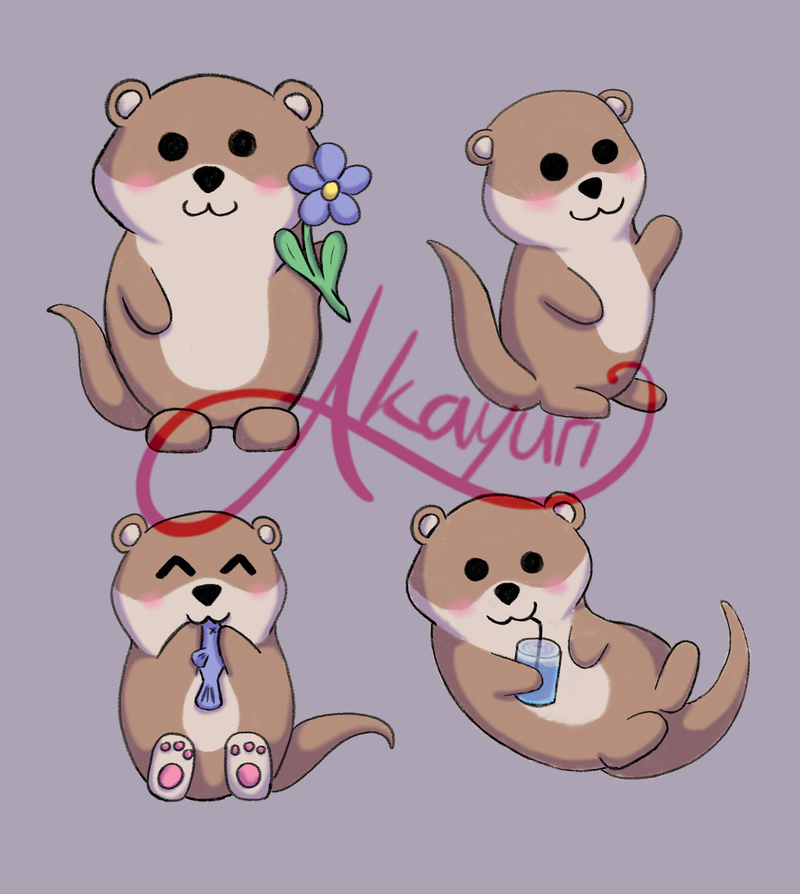 drawing of four different stylized otters, all four are smiling, one is holding a flower, one is eating fish, one is drinking water with a straw and one is waving its paw