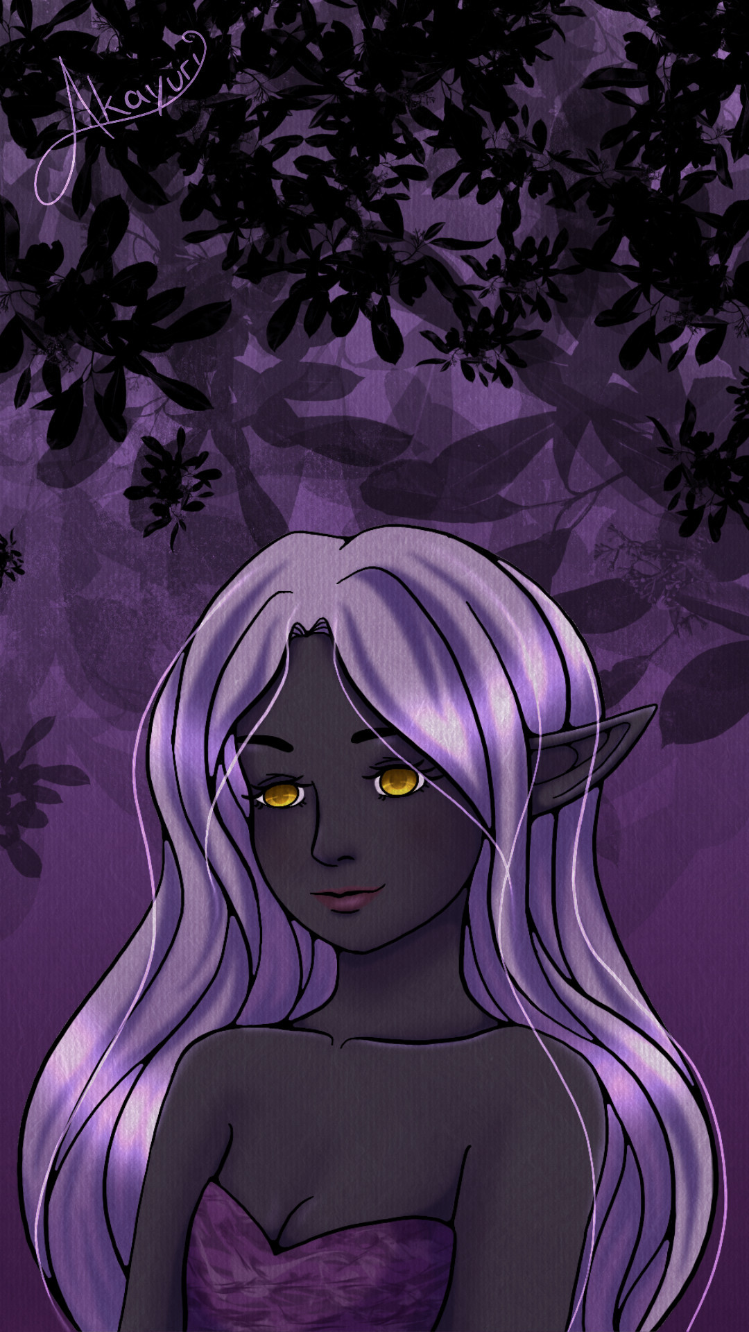 a purple artwork of a dark elf girl with warm yellow eyes