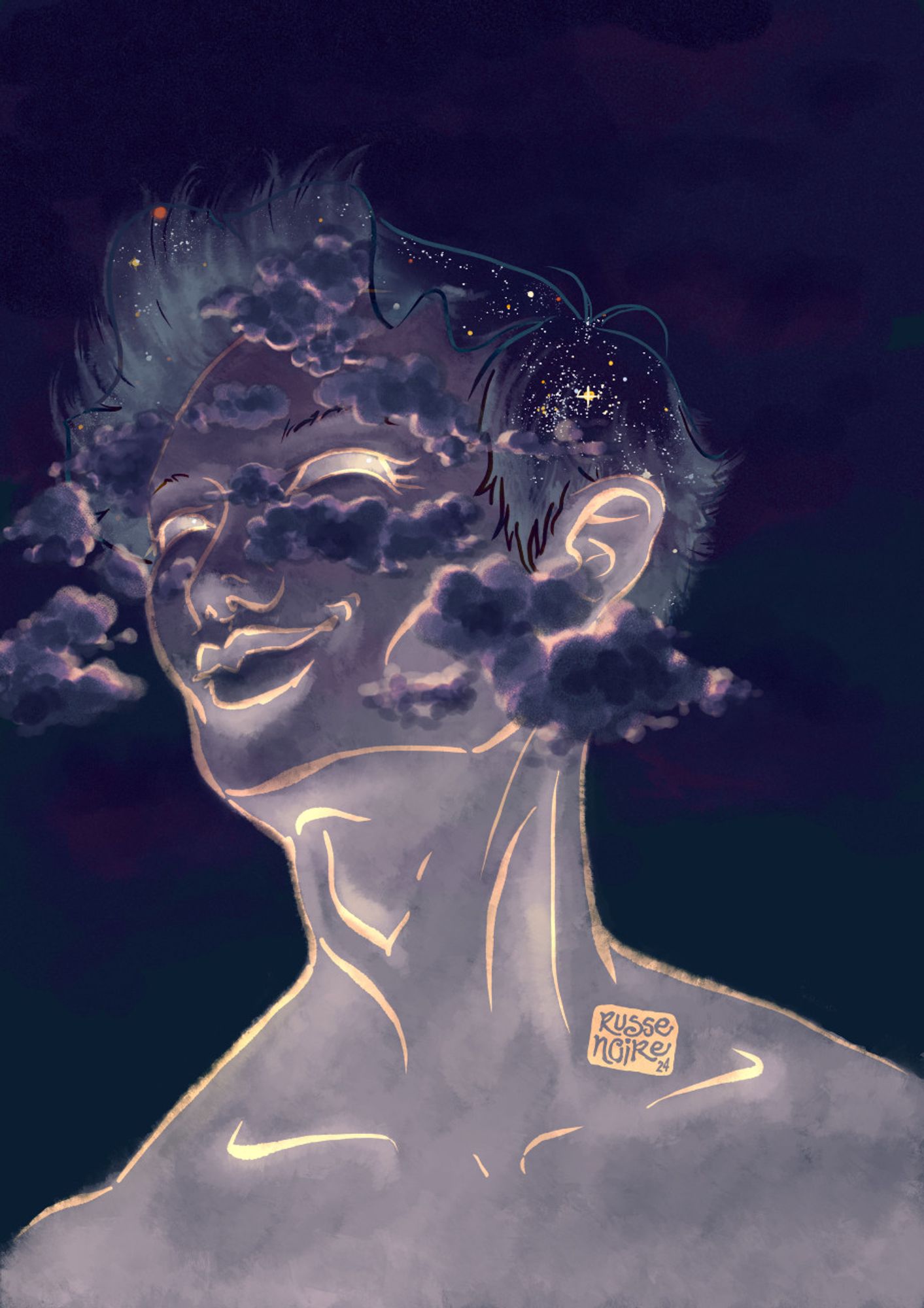 in this painting, a muscular japanese man with ghostly pale, backlit skin smiles knowingly at the viewer under a cloudy night sky. his body is the light source, and it tinges his outlines with a dawn-like glow from below. dark clouds gather over his upturned face, illuminated by his glowing eyes; clusters of distant stars can be seen in his hair.