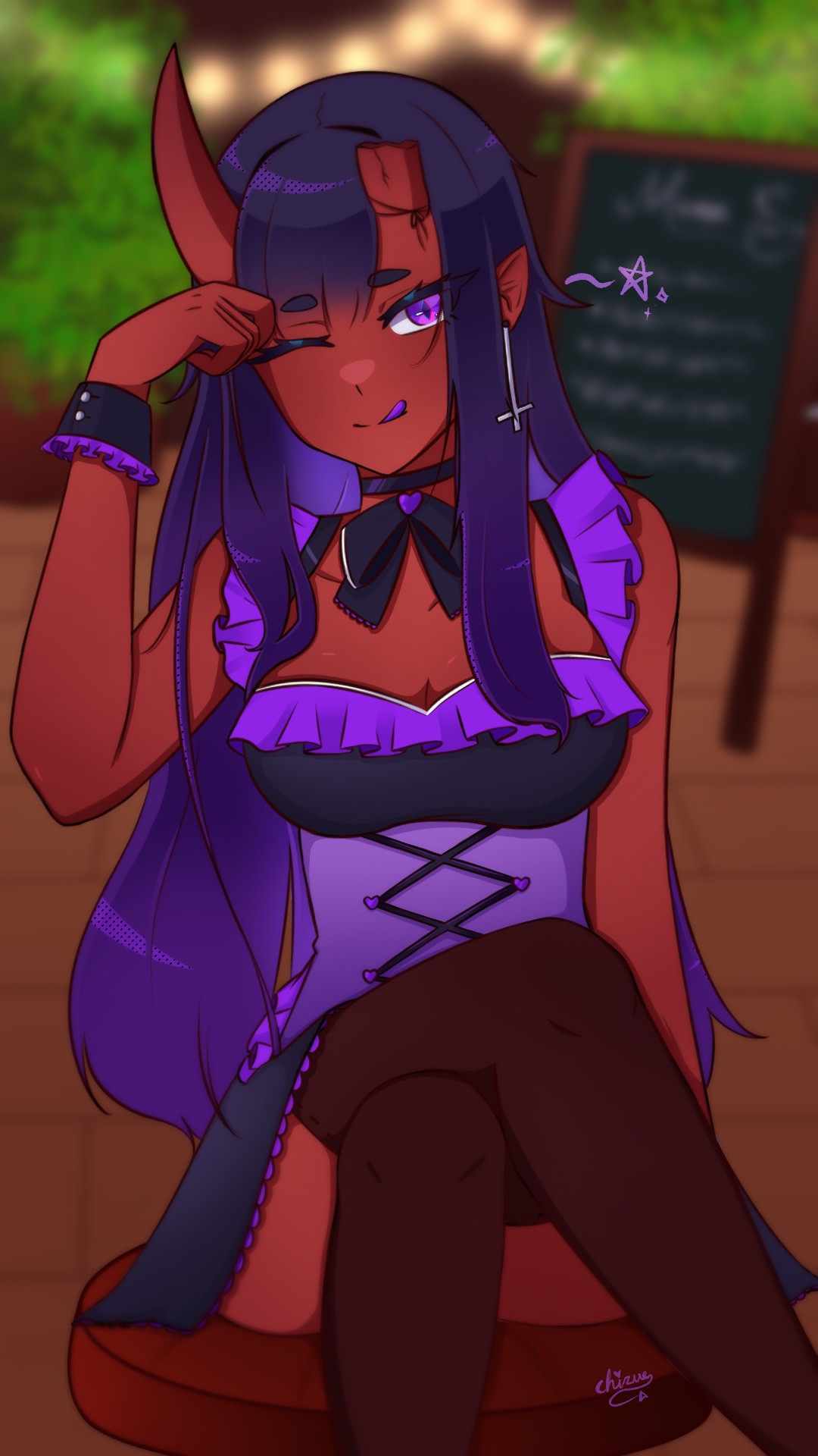 Original character in a maid outfit, purple hair and red skin with demon horns