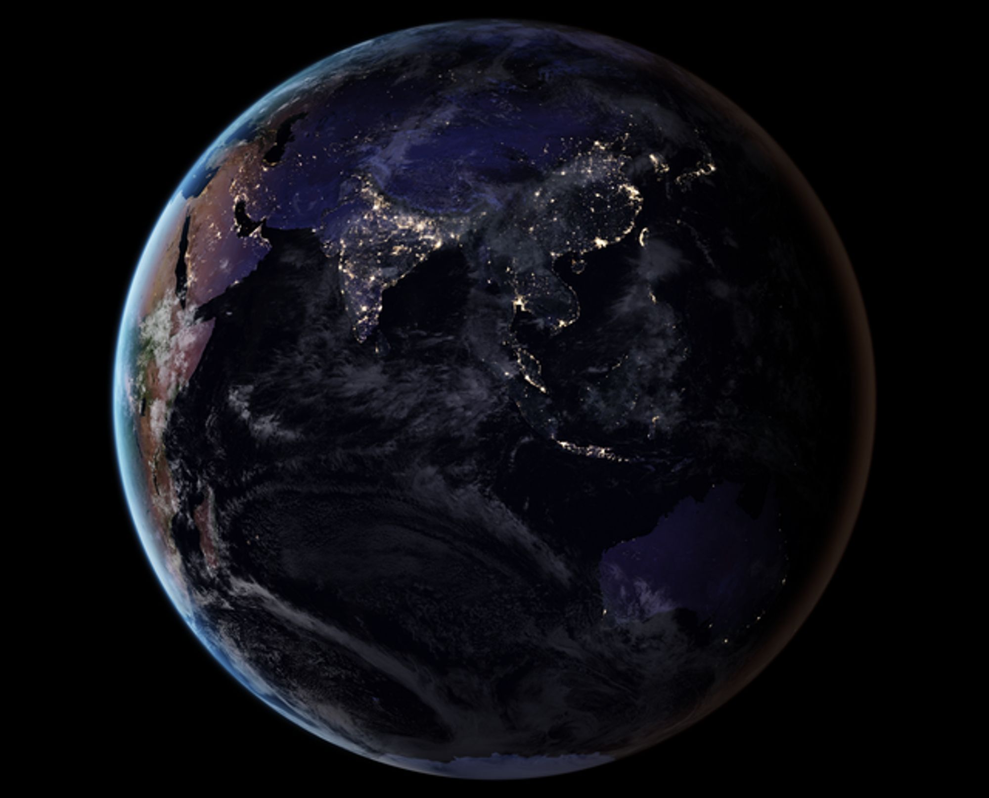 Realistic Earth drawn from the 2016 global composite map showing the city's night lights.