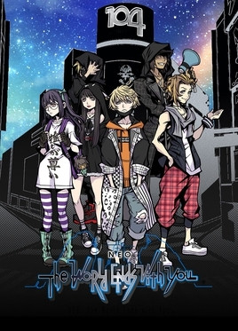 Cover art for Neo The World Ends With You featuring some of the game's cast invluding Rindo, Fret, Sho, Nagi, Shoka, and SPOILER standing in front of a skyscraper in Shibuya with "104" on it