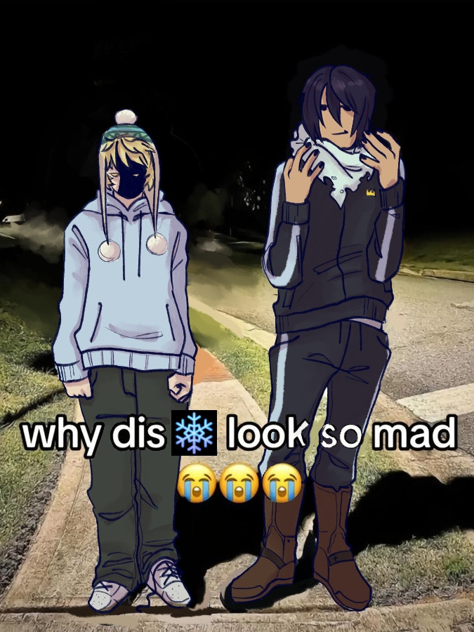 A meme redraw with the Noragami characters. Yukine is standing on the left, looking angry with his face shadowed. Yato is standing on the right, holding up his hands and smiling. The text on the drawing reads, "why dis ❄️ look so mad 😭😭😭"