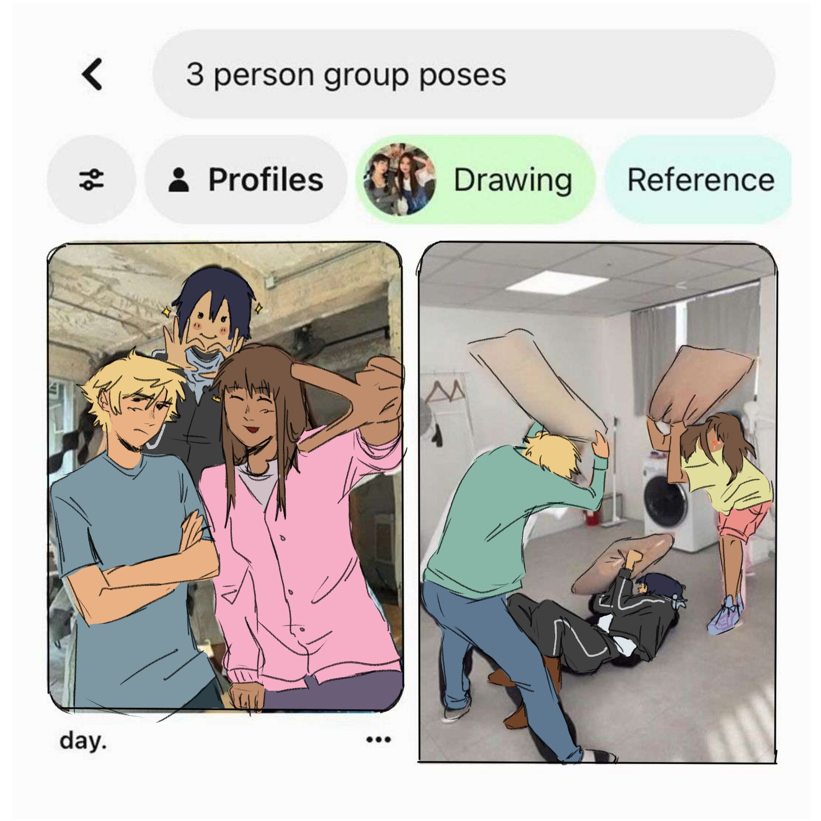 A screenshot of pinterest with the Noragami characters drawn over the photos. The entered search is, "3  person group poses", with two photos beneath it. The first photo on the left has Yato, Hiyori, and Yukine drawn over the people. Yukine has his arms crossed, Hiyori is smiling and giving the camera a peace sign, and Yato is standing in the back making a heart with his hands. The second photo to the right has Yukine, Hiyori and Yato having a pillow fight. Yato is on the floor, holding a pillow up protectively over himself, while Yukine and Hiyori are both beating him with pillows.