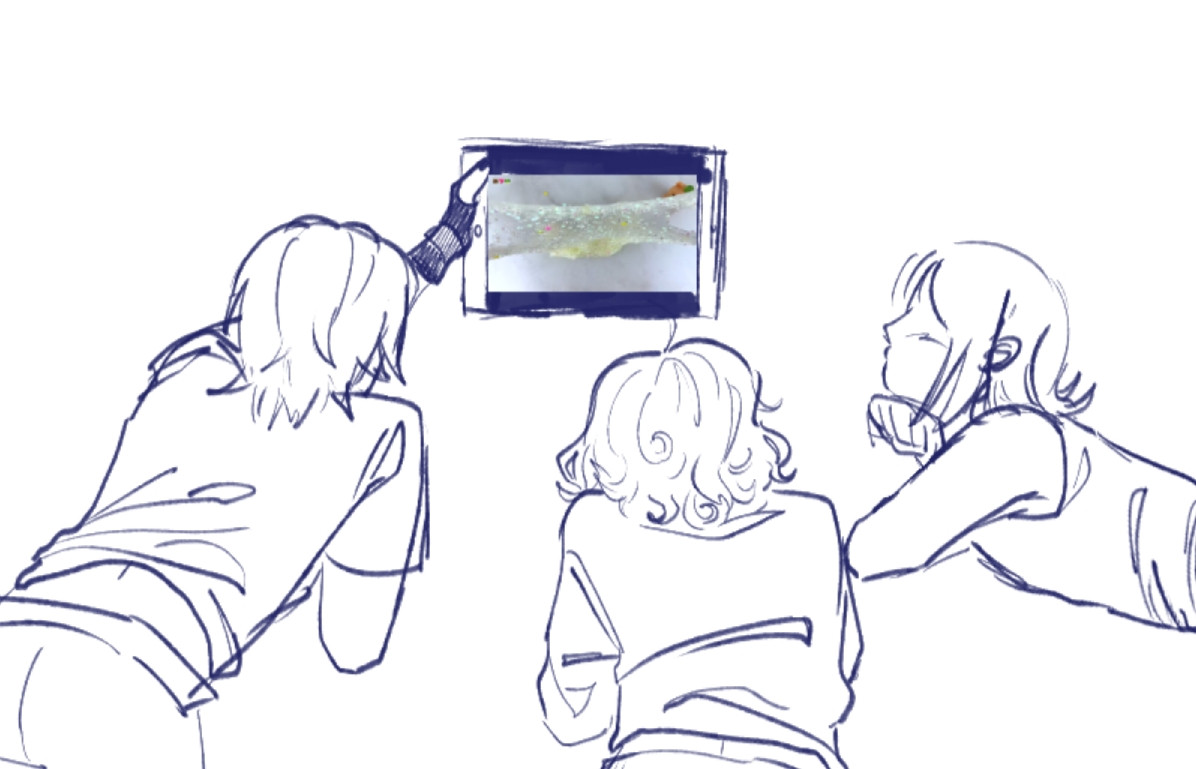 A drawing of Yato, Kofuku, and Nora from Noragami, laying on the floor watching a video. Yato is holding an IPad, and on the 'screen' is a screenshot of a slime video.