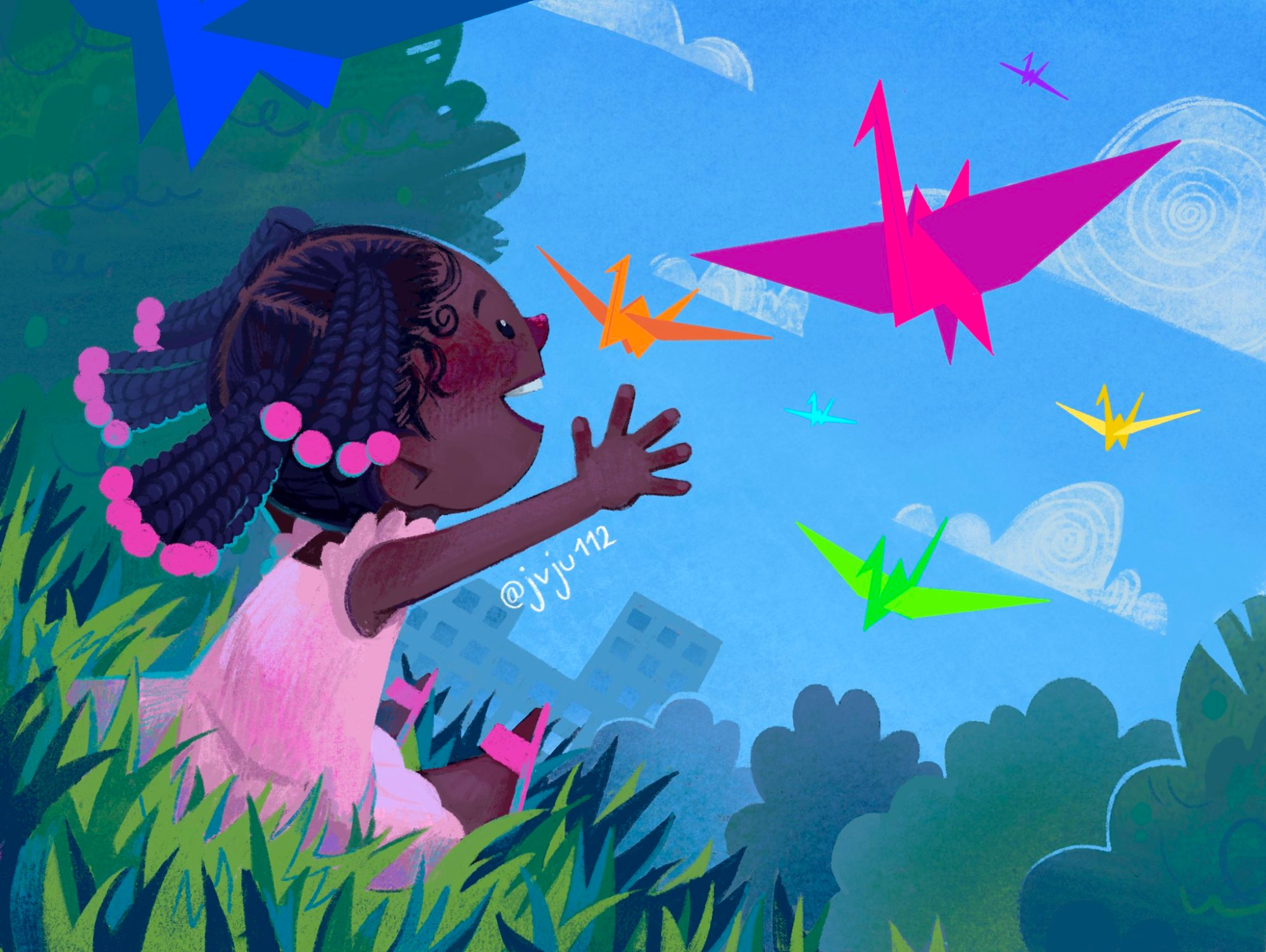 Colorful illustration of a kid in a park waving at giant paper cranes in the sky