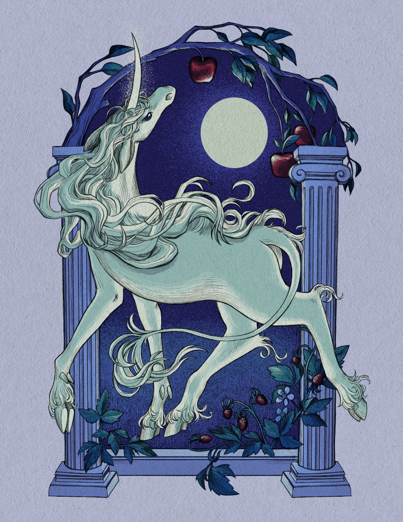 drawing of a unicorn standing in front of an arch created by two pillars and a tree branch. it is night time, there is a full moon, and there are apples and strawberries around her.