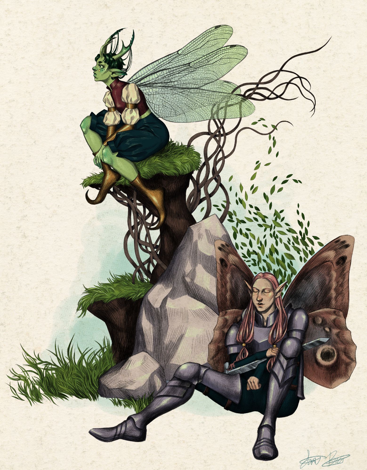 Two fairies sit together in a calm scene. One has green skin and dragonfly wings and is perched atop a surreal outcropping of dirt, grass, and roots. The other is wearing plate armor, has long pink hair and butterfly wings. They are seated on the ground in with their eyes closed