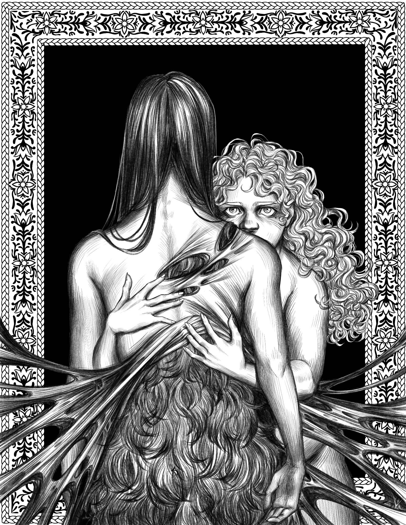 black and white illustration of a slender woman's back. Her skin is peeling away to reveal fur on the lower half of her body. A chubby woman with curly hair is hugging her and gazing over her shoulder at the viewer.