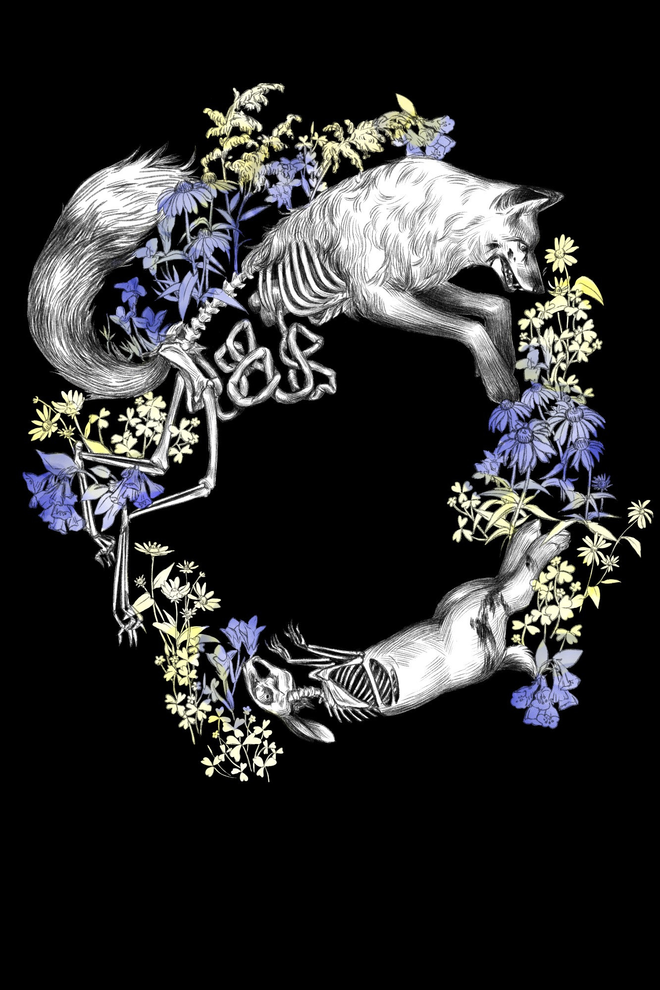 A fox chases a rabbit in a circle. The fox's hindquarters are decaying showing the bone. The rabbit's head and chest are decaying showing the bone. They are in a circle of blue and yellow flowers.