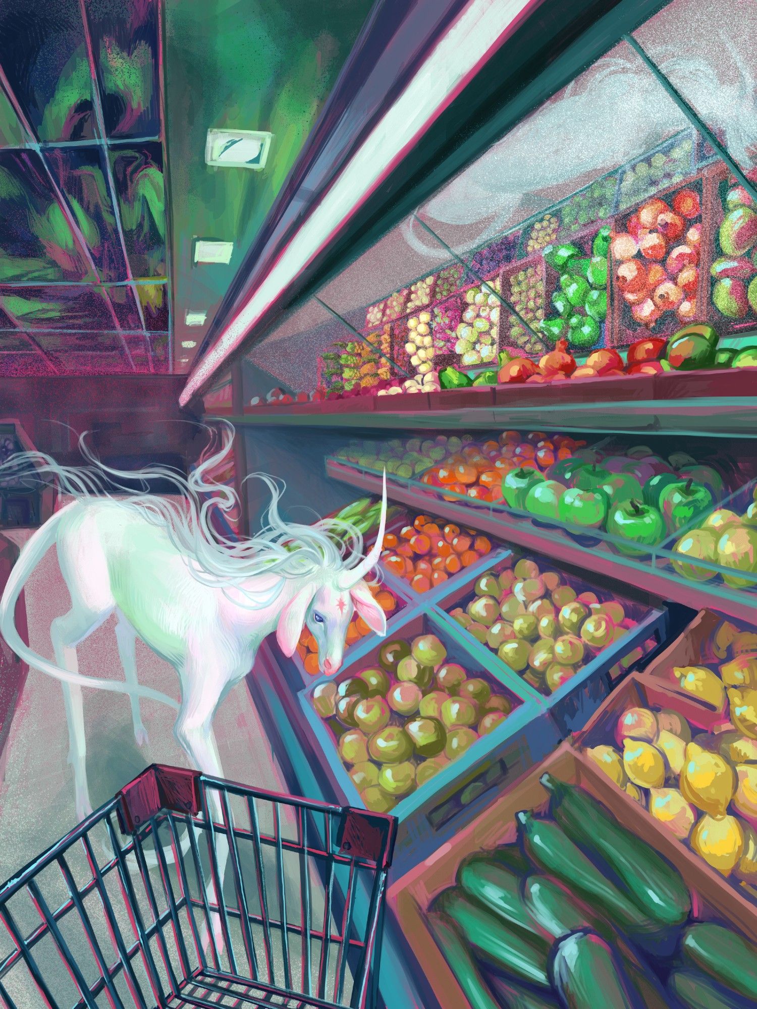 A unicorn in a technicolor grocery produce aisle. A shopping cart enters from the bottom lefthand corner.