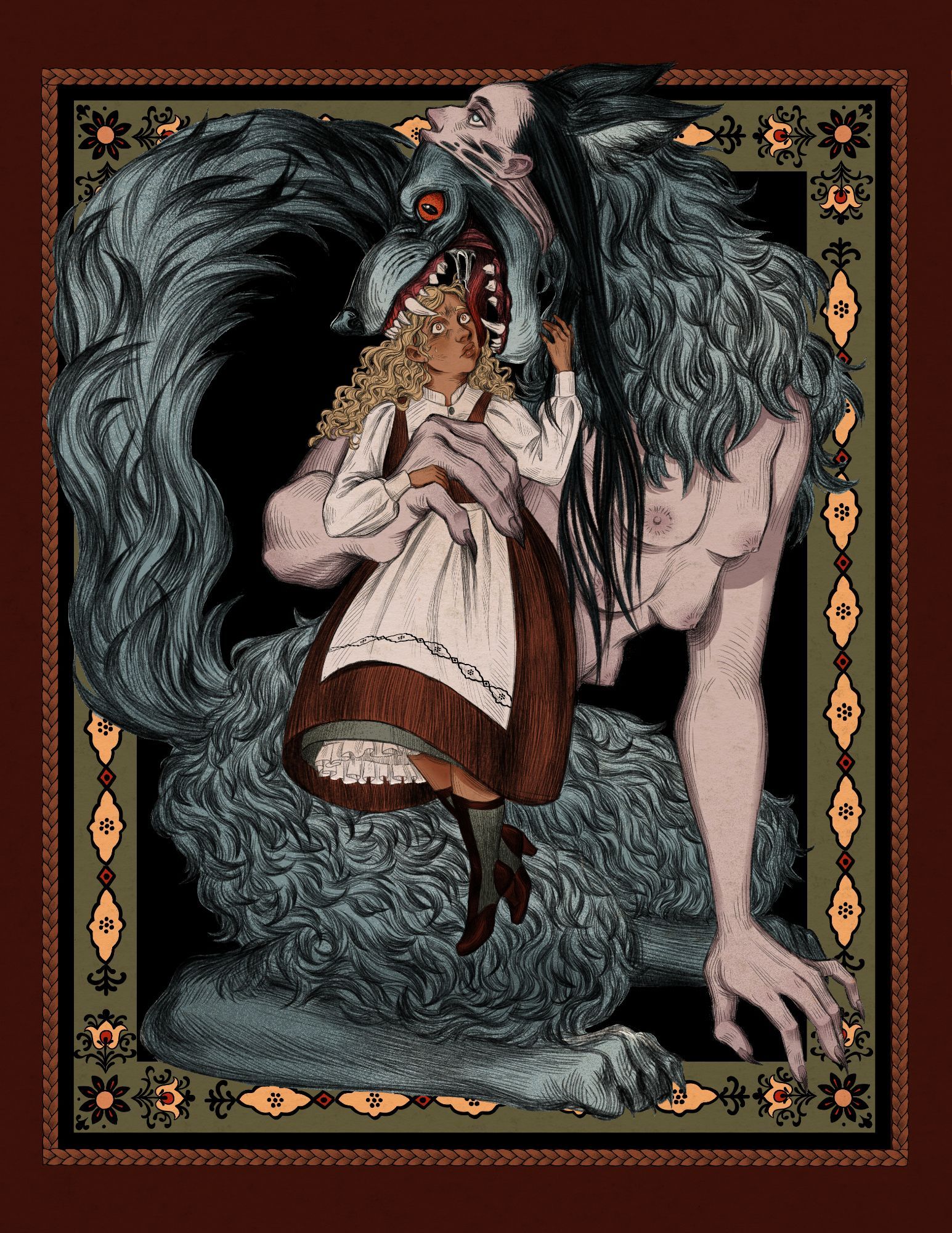 Illustration of a large werewolf with blue/gray fur, a human torso with 6 tits, and a wolf face bursting through the mouth of her human face. She is holding up a human woman with brown skin and blonde hair, the wolf's mouth positioned like it about to close on her head.