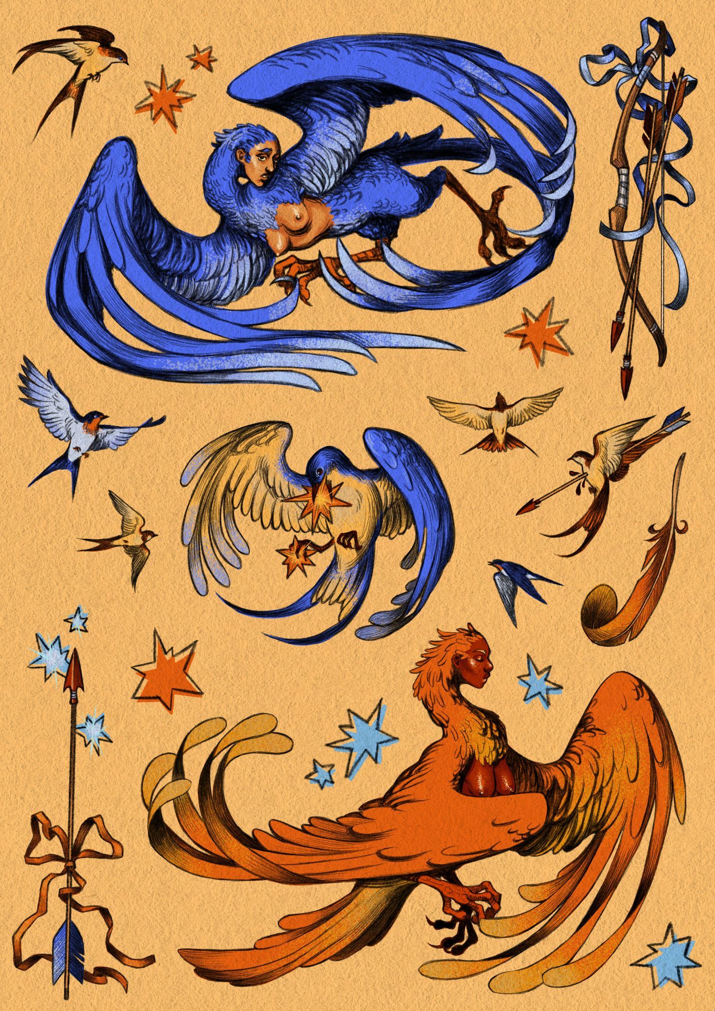 sticker sheet. stickers are harpies, graphic stars, birds, bow and arrows