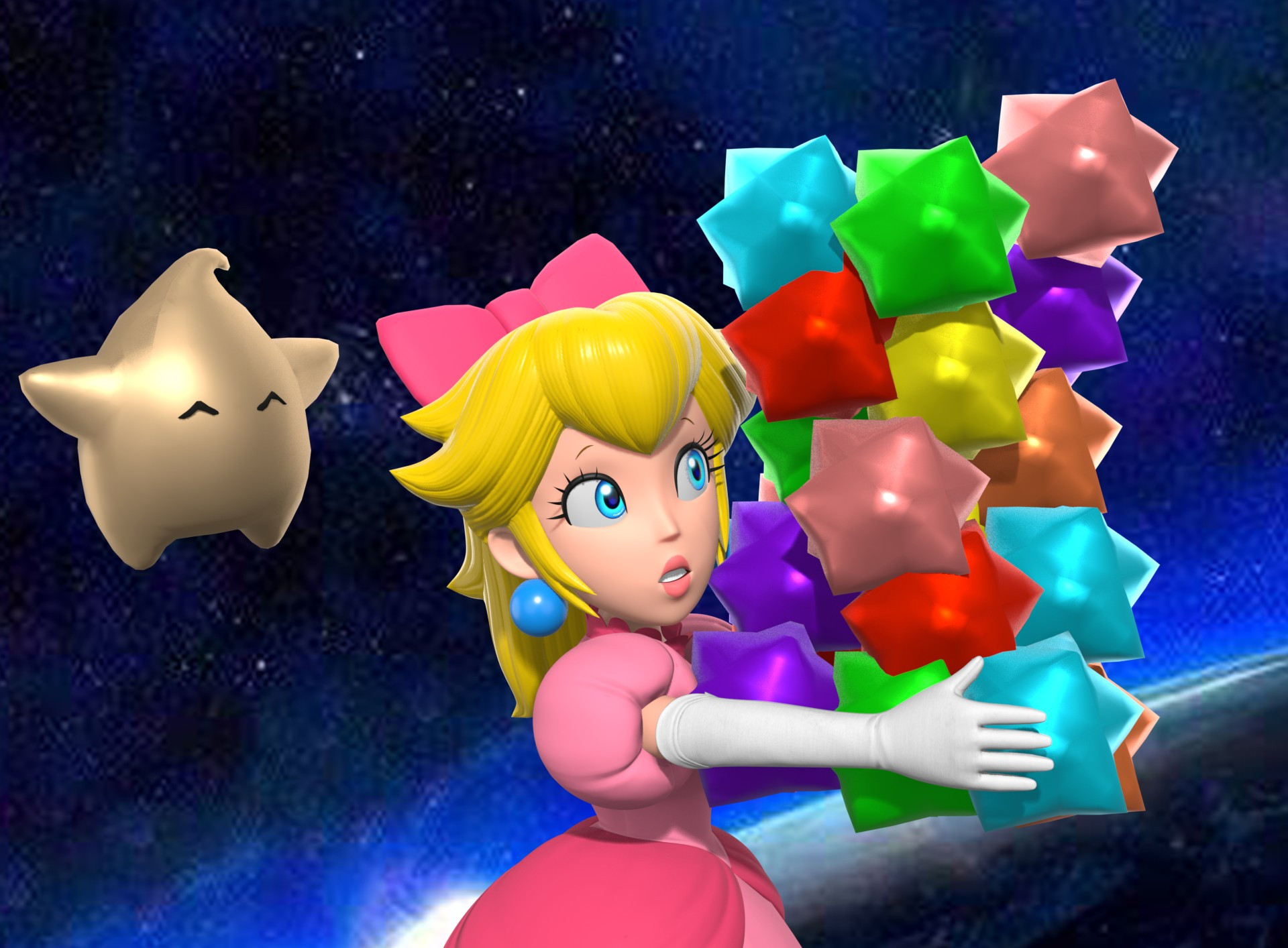 Princess peach struggle to hold quite a lot of starbits, while her Luma giggles behind her.