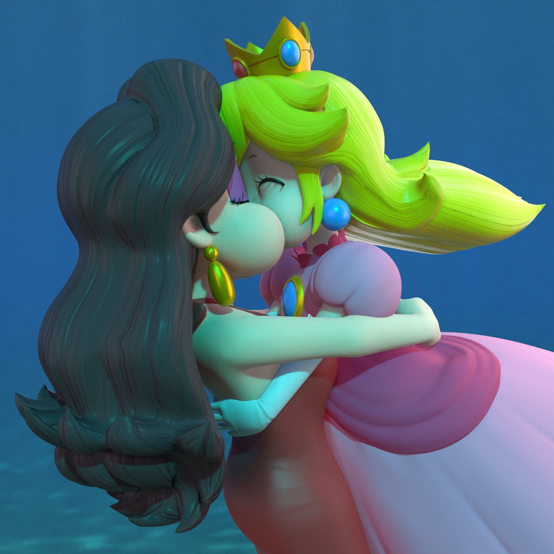 Princess Peach and Pauline kissing each other underwater!