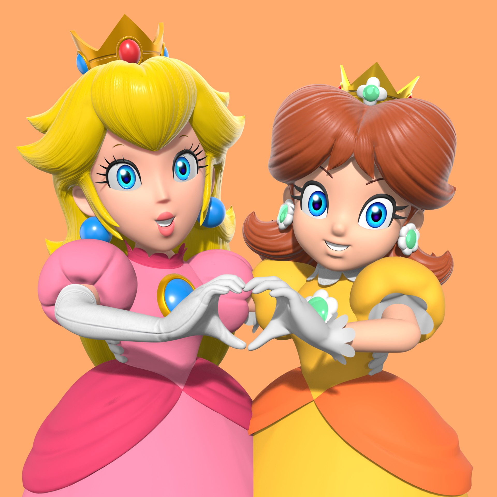 Princess Peach and Princess Daisy are both making a heart with their hands!