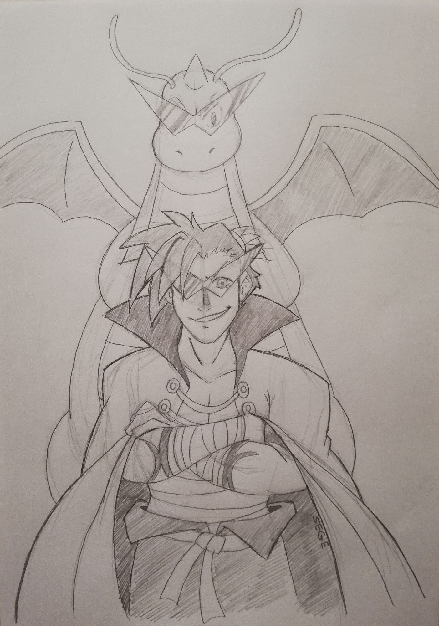 Traditional pencil art of Kamina from Gurren Lagann, with a Dragonite from Pokemon behind him. They both have their arms crossed in the Gainax pose. The Dragonite has it's wings spread out, and is wearing triangle shades like Kamina.