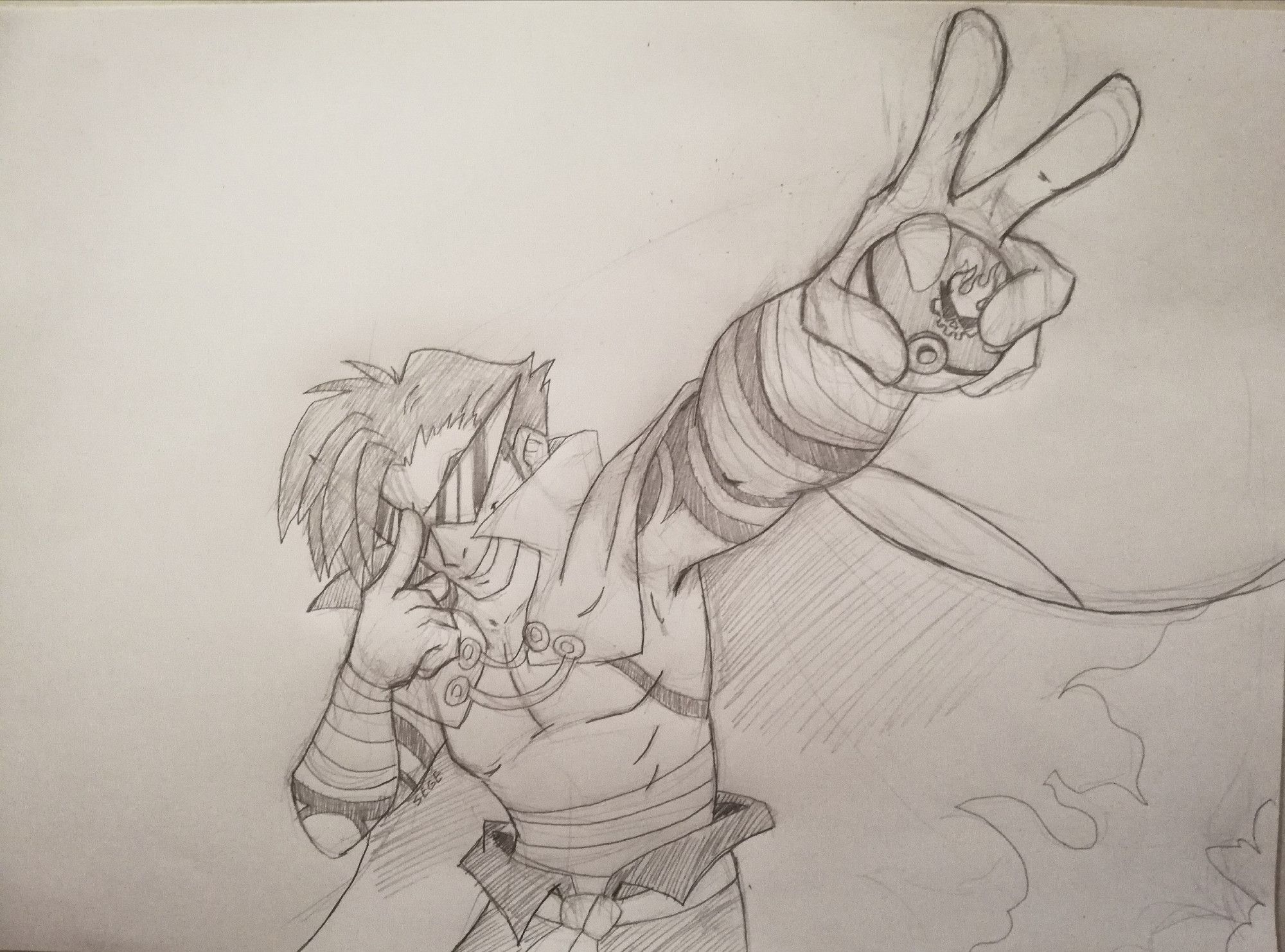 Traditional pencil art of Kamina from Gurren Lagann. He's striking a pose. He's pushing his triangle glasses with one finger with his right hand. His left arm is stretched out, and he's holding a Great Ball with a Team Gurren sticker on it, with two fingers extended in a peace sign. His cape is flaring out behind him.