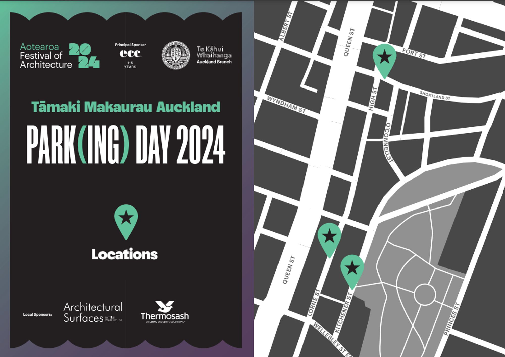 Park(ing) Day 2024. Map of city centre locations on Lorne, Kitchener and Shortland Streets