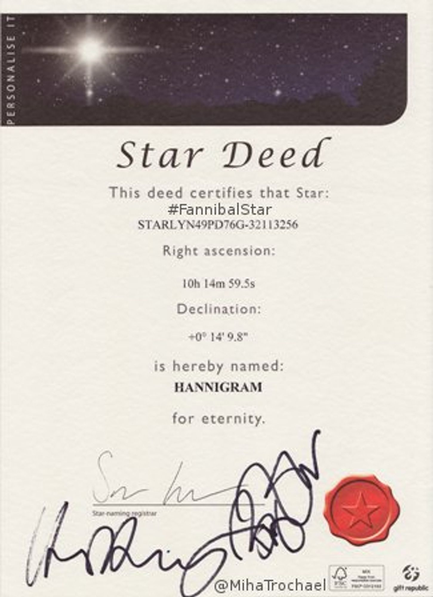 Star naming deed.