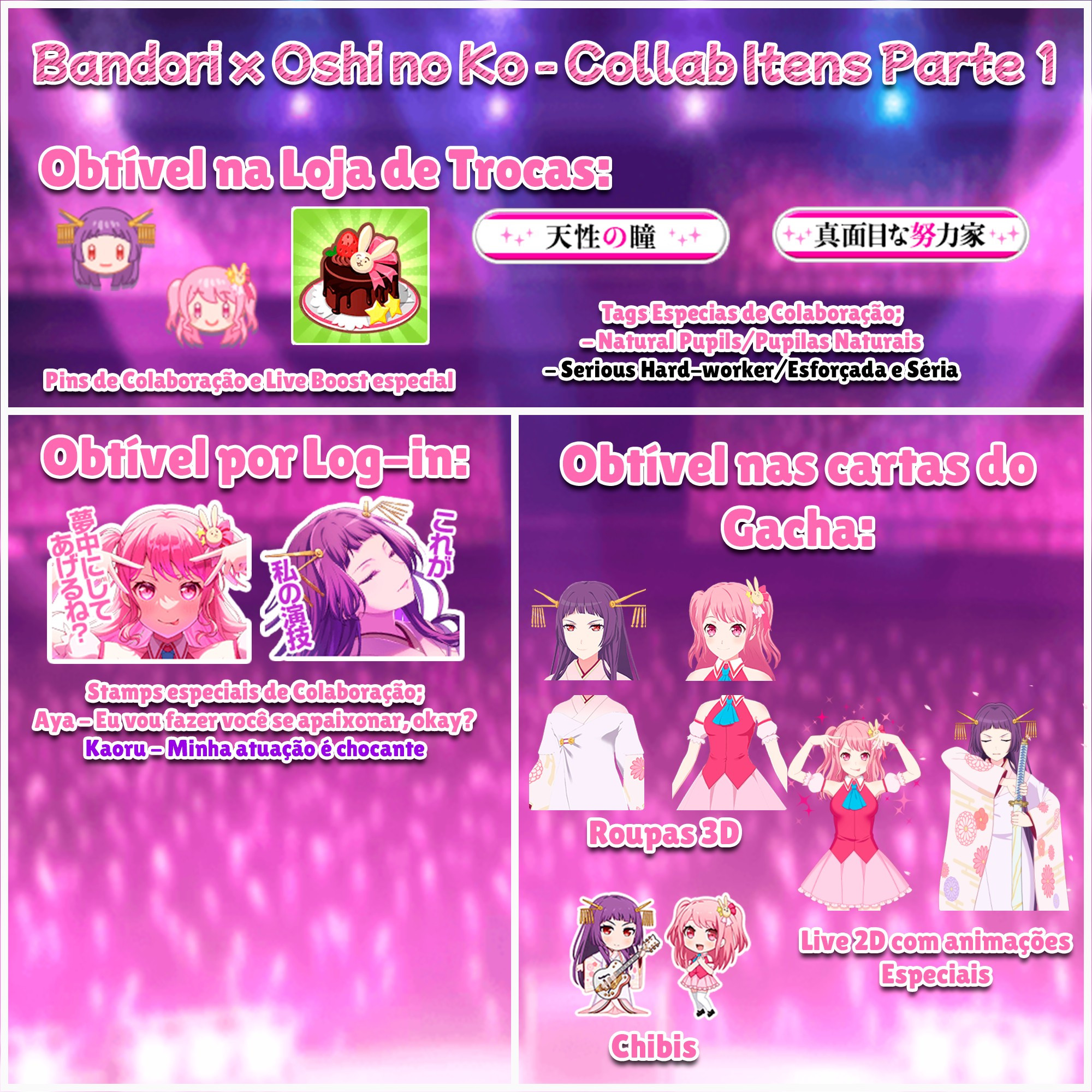 Bandori x Oshi no Ko - Collab Itens Parte 1

- Obtível na Loja de Trocas do Collab:
➠ Pins de Aya e Kaoru
➠ Boost Especial em formato de Bolo
➠ Duas Novas Tags: "Pupilas Naturais" e "Esforçada e Séria"

- Obtível no Log-in Especial:
➠ Stamps de Aya e Kaoru:
Aya - Eu vou fazer você se apaixonar, okay?
Kaoru - Minha atuação é chocante

- Obtível nas Cartas do Collab: (TODAS AS CARTAS ESTÃO NO GACHA)
➠ Roupas 3D de Aya e Kaoru
➠ Chibis de Aya e Kaoru
➠ Animações 2D Especiais de Collab para Aya e Kaoru