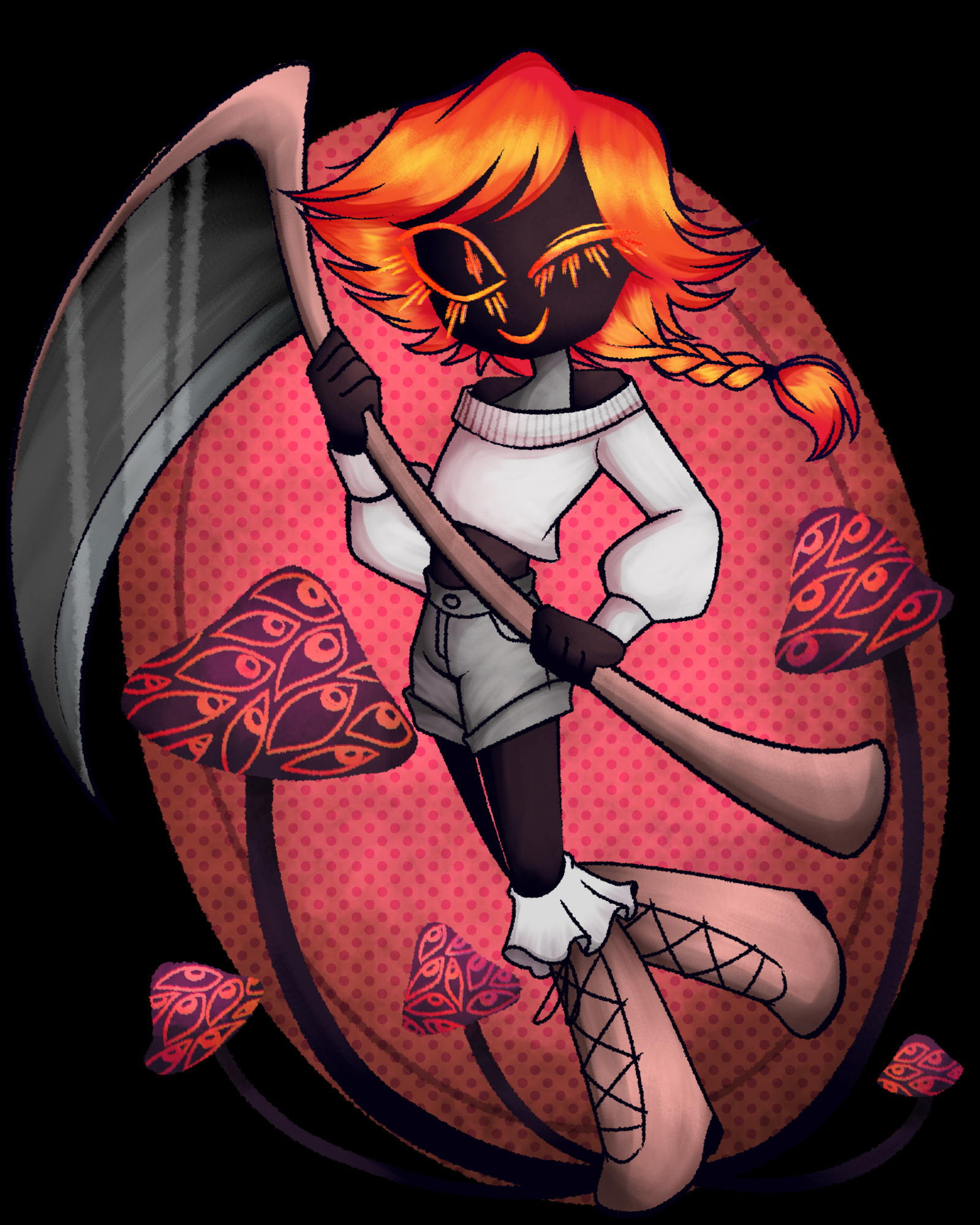 chibi art of hauntedtotem's character Vermillion. he is depicted as cuter than usual, with a giant black sythe. he has red-orange hair in a braid and orange eyes, and is winking. he is wearing a cream colored cropped sweater, and brown shorts. he has lacey socks and brown lace up boots. the backround is red with polka dots, and where he steps there are black mushrooms sprouting, with red eyes all staring at him,