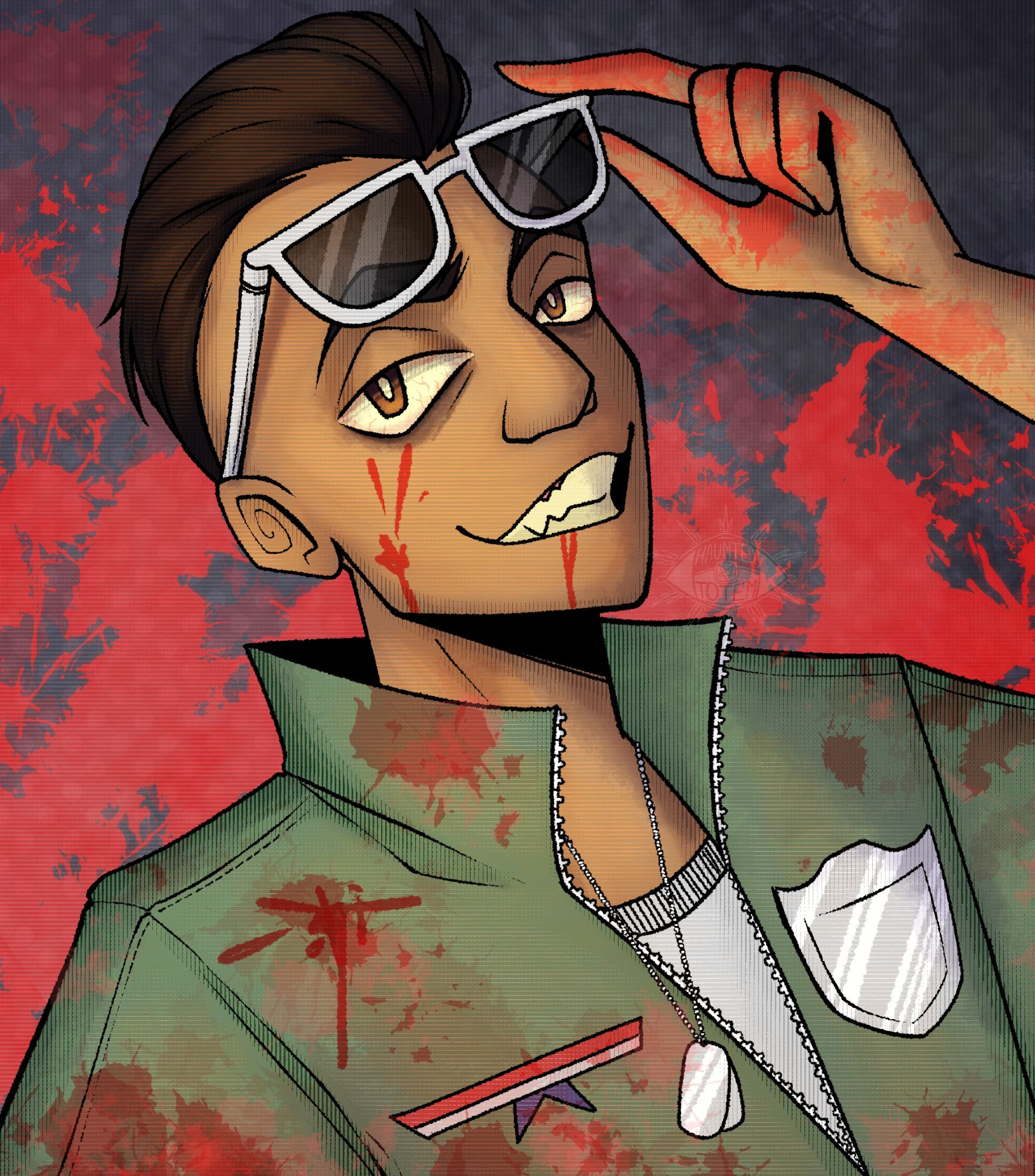 fanart of tnmn character steven rudboys, as a doppelganger. he has a green army jacket covered in blood, unzipped with detailed zipper teeth. he is smirking and his lifting his shades to look at the viewer.