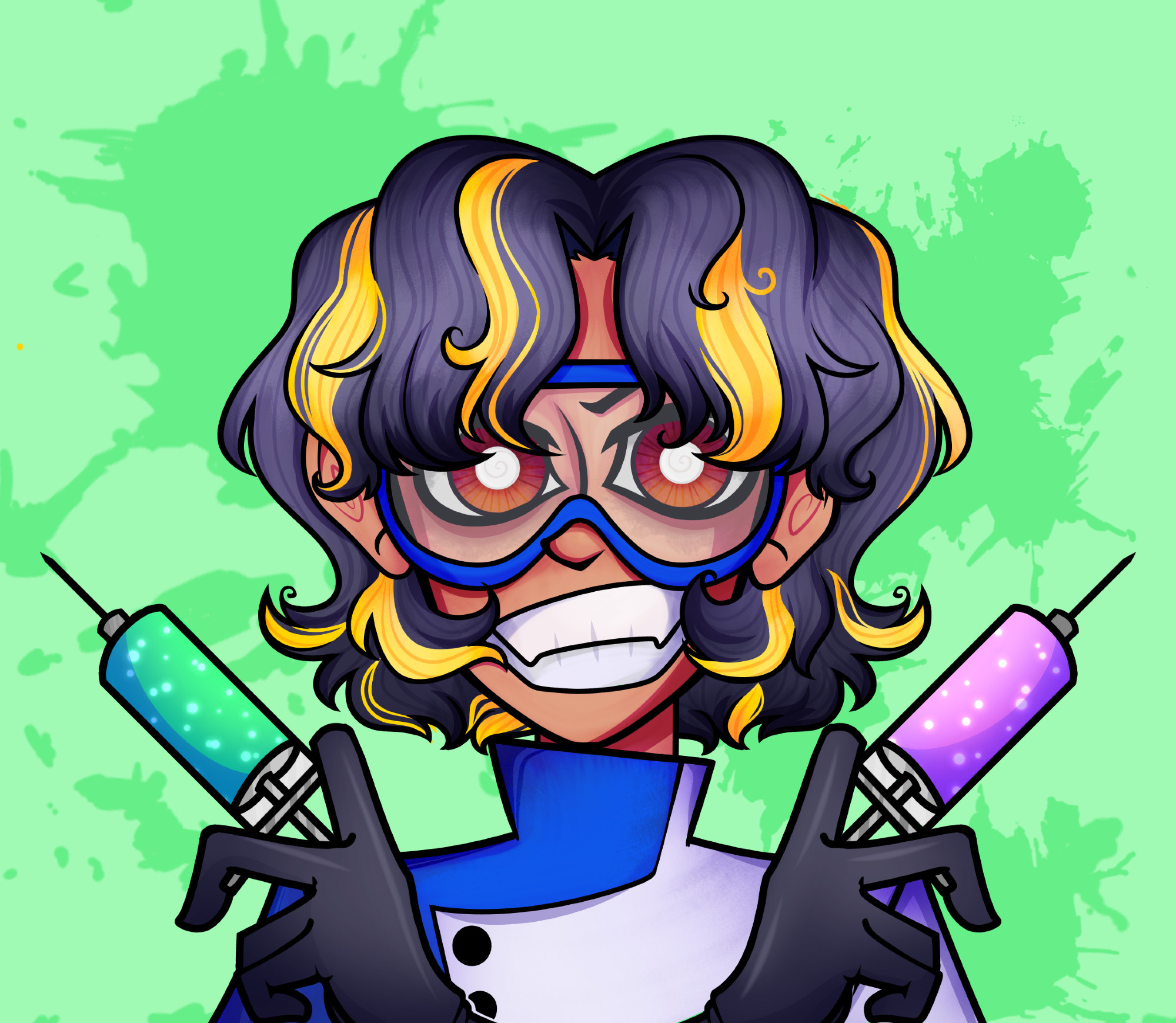 art of hauntedtotem's character Dr Malcolm Turner, holding a green and purple syringe in either hand and giving a large 'evil' smile. His black and orange hair is depicted especially fluffy here.