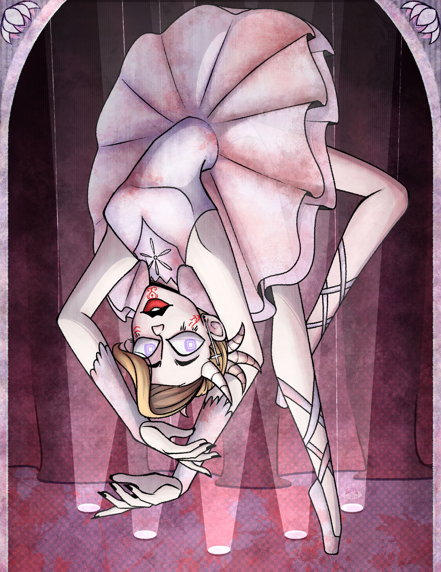 hauntedtotem's fanart of anazareth anazarel from indie horror game "That's not my neighbor" nightmare mode. 
a ballerina on stage, contorting her body and hanging from thin strings like a marionette. her spine is bent backwards at an impossible angle, and her ballerina tutu is see through showing her legs. theres lotus flowers in the corners, and theater curtains in the back, as well as spotlights shining on Anazareth. 