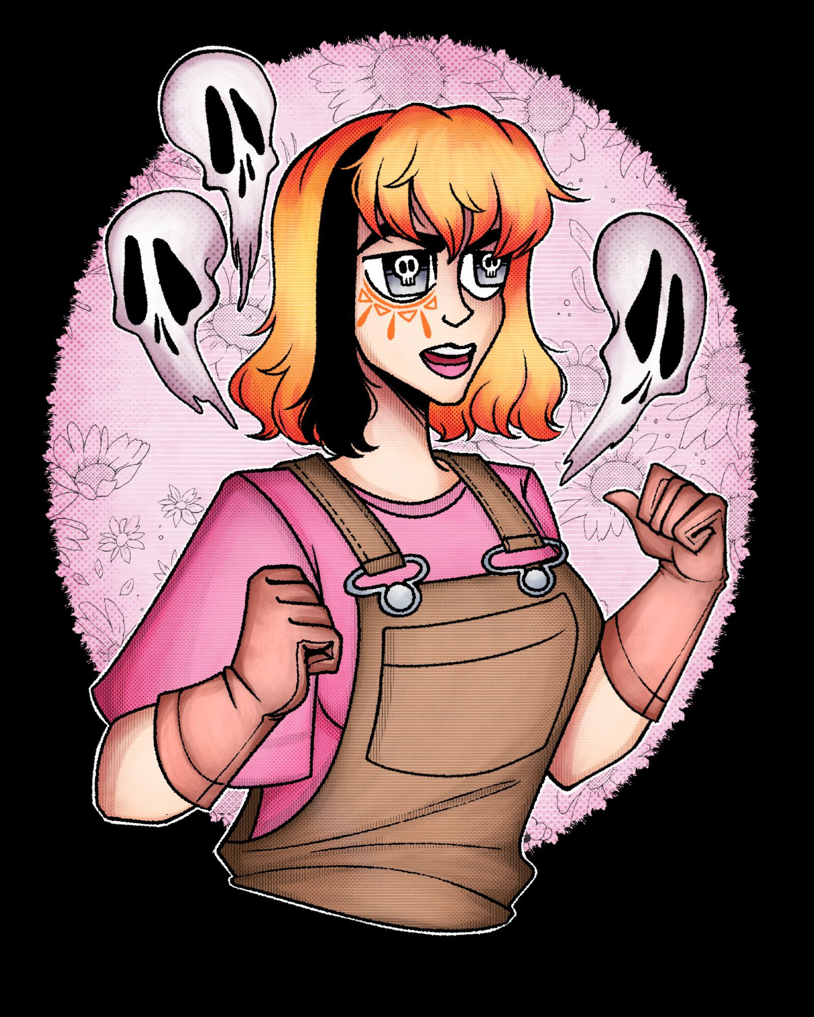 art of sasha clementine, by hauntedtotem. she has ginger hair with a black streak on the right side, grey eyes with skull shaped pupils, gardening gloves, a pink shirt, brown overalls, pink lipstick, and a orange symbol under her right eye. the background is pink with flowers and skulls. the art is rather textured. she looks irritated, and has a generally bitter attitude. 