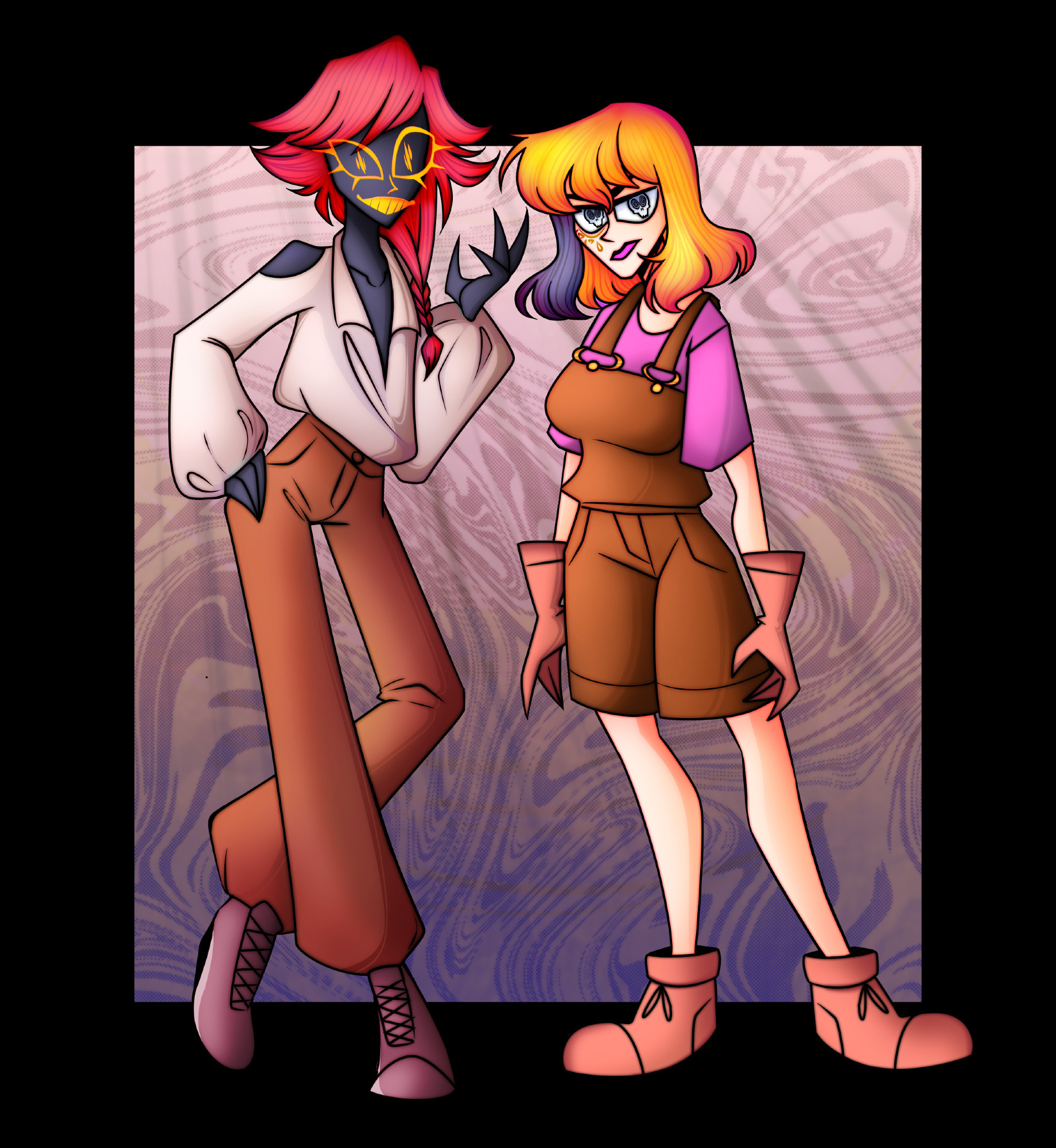 a digital drawing of hauntedtotem's characters Vermillion and Clementine standing together. Vermillion has rich red hair in a messy side braid, bright orange and yellow eyes, and it leaning on one leg. he has a white pirate style shirt with billowing sleeves, and an open v neck. his pants are a rich brown and baggy. Sasha Clementine looks annoyed and antisocial. her shirt is a more saturated pink, her brown overalls less detailed and her skull pupils in a different style than usual.