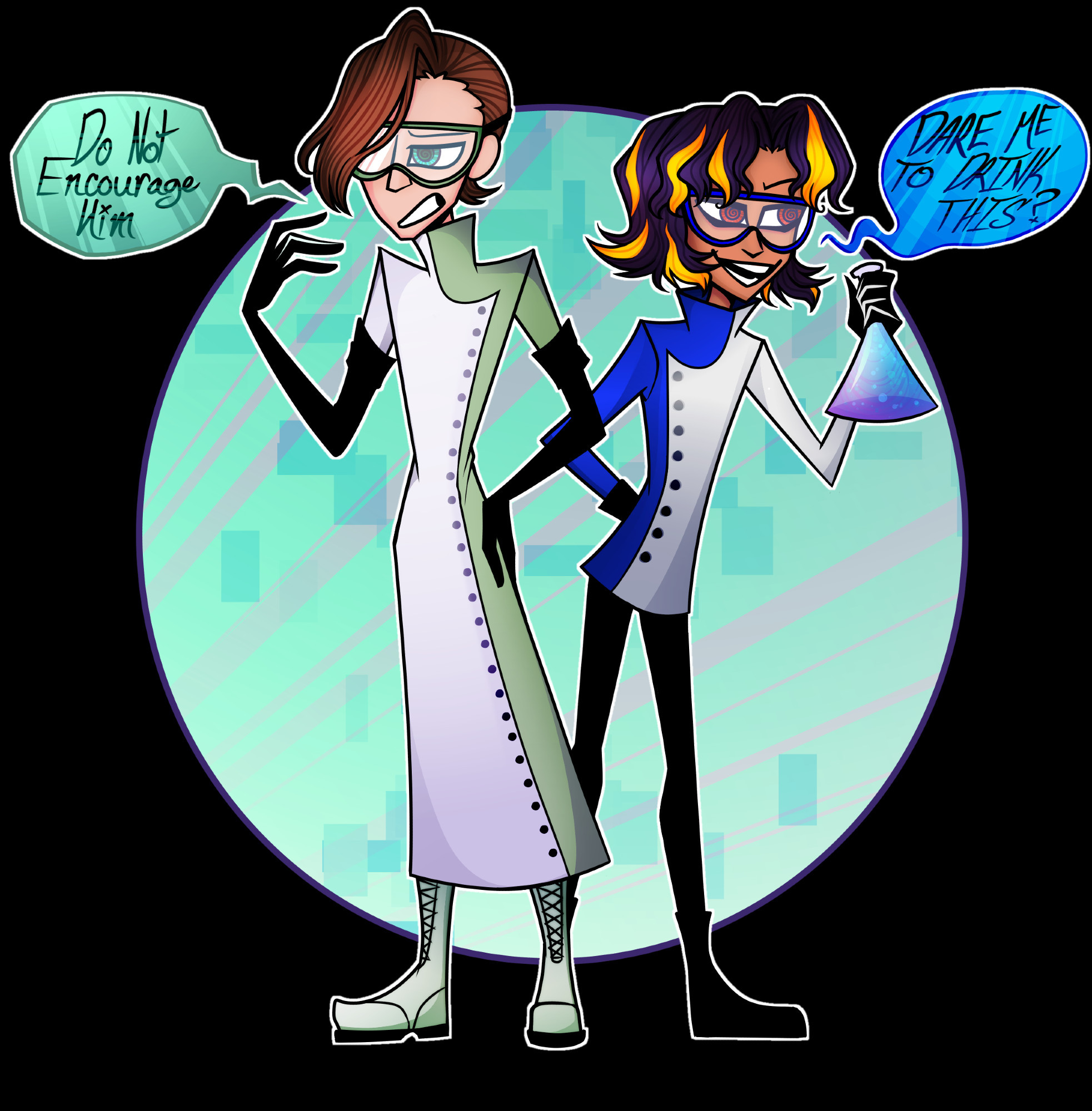 hauntedtotem's character Dr Lucius Driscol, standing besides Dr Malcolm Turner. Malcolm is shown saying "dare me to drink this?" while holding a beaker of miscellaneous liquid, and Lucius is saying "Do Not encourage him".