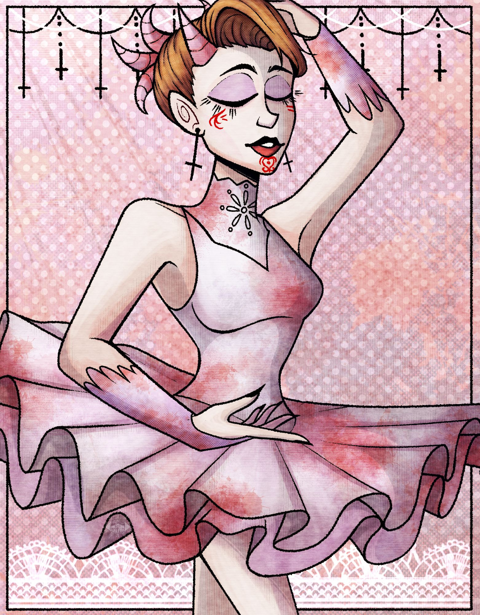 Anazareth from the nightmare mode of "thats not my neighbor". her eyes are closed and shes in a basic ballerina pose, one arm upwards and the other bent in front of her. theres white lace around the bottom of the art, and crosses hanging from the top.