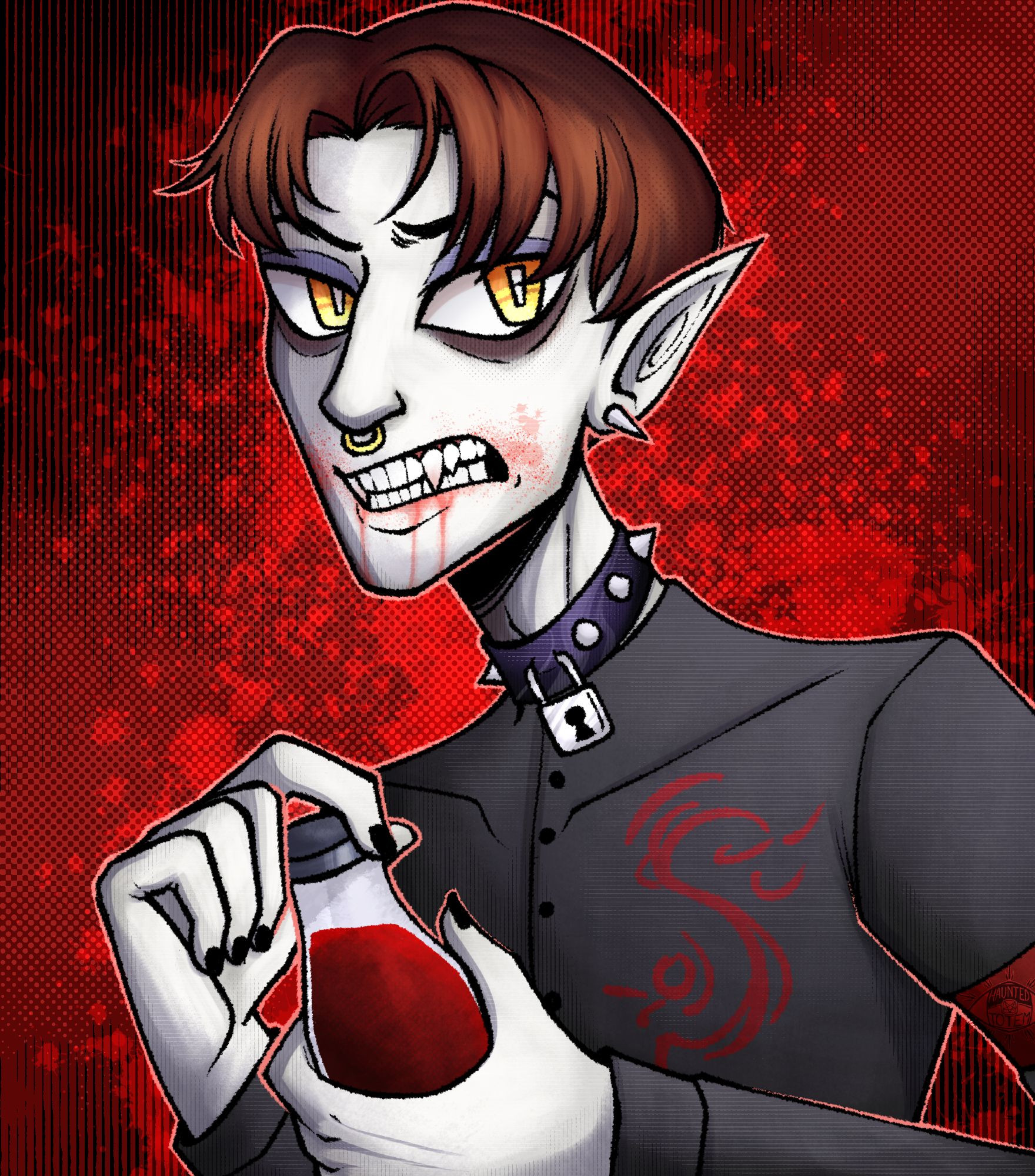 fanart of "thats not my neighbor" character Yog, the nightmare mode version of the milkman francis mosses. he's a vampire, his mouth splattered with blood, and he is holding a red milk bottle