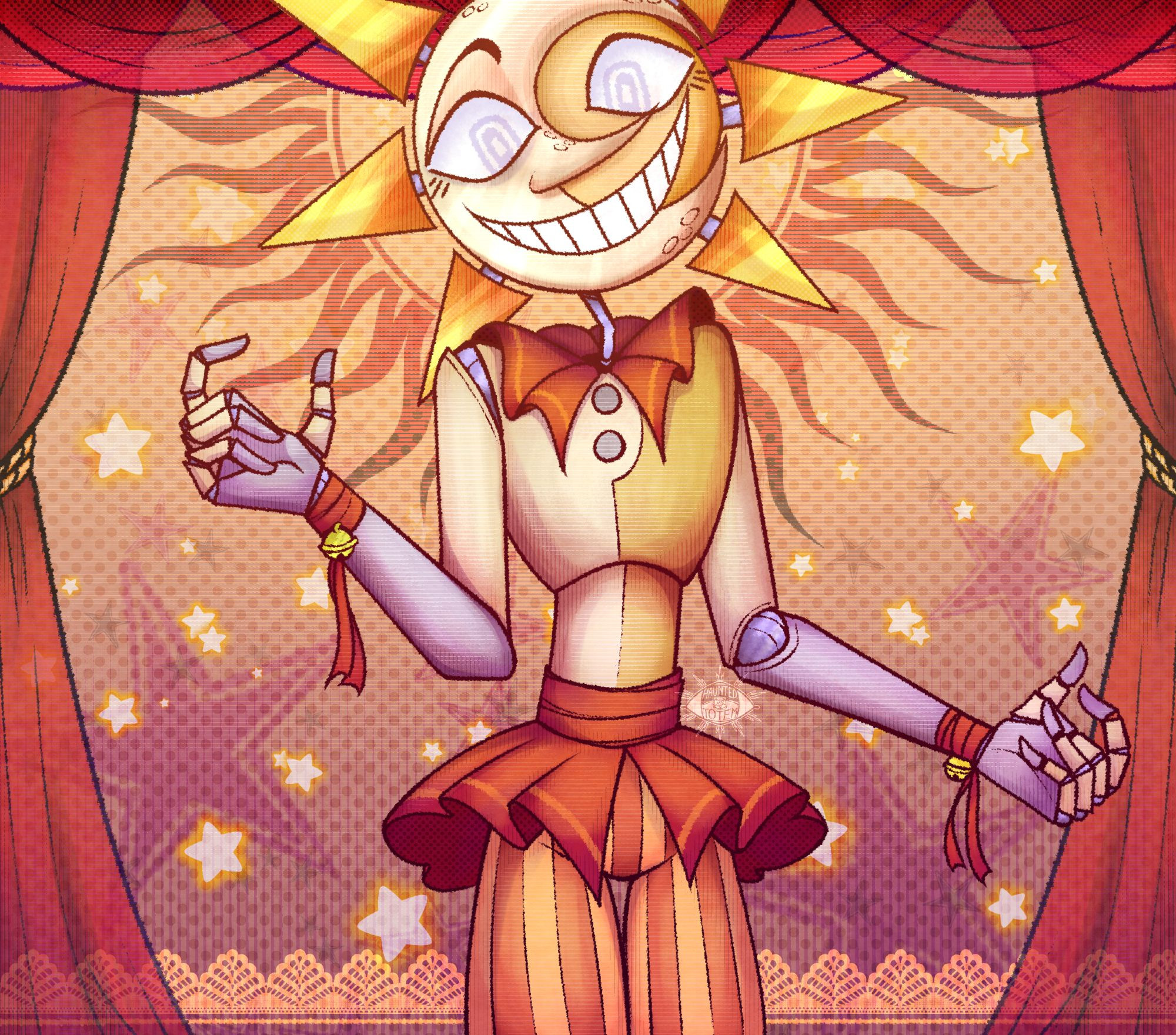 five nights at freddys fanart by hauntedtotem of the daycare attendent, sun, from fnaf security breach. he's drawn in the theater, with theater curtains lining the sides of the art. the background full of stars, and is orange and pink. sun is standing in the middle, looking forwards at the viewer. it's textured with halftone shading.