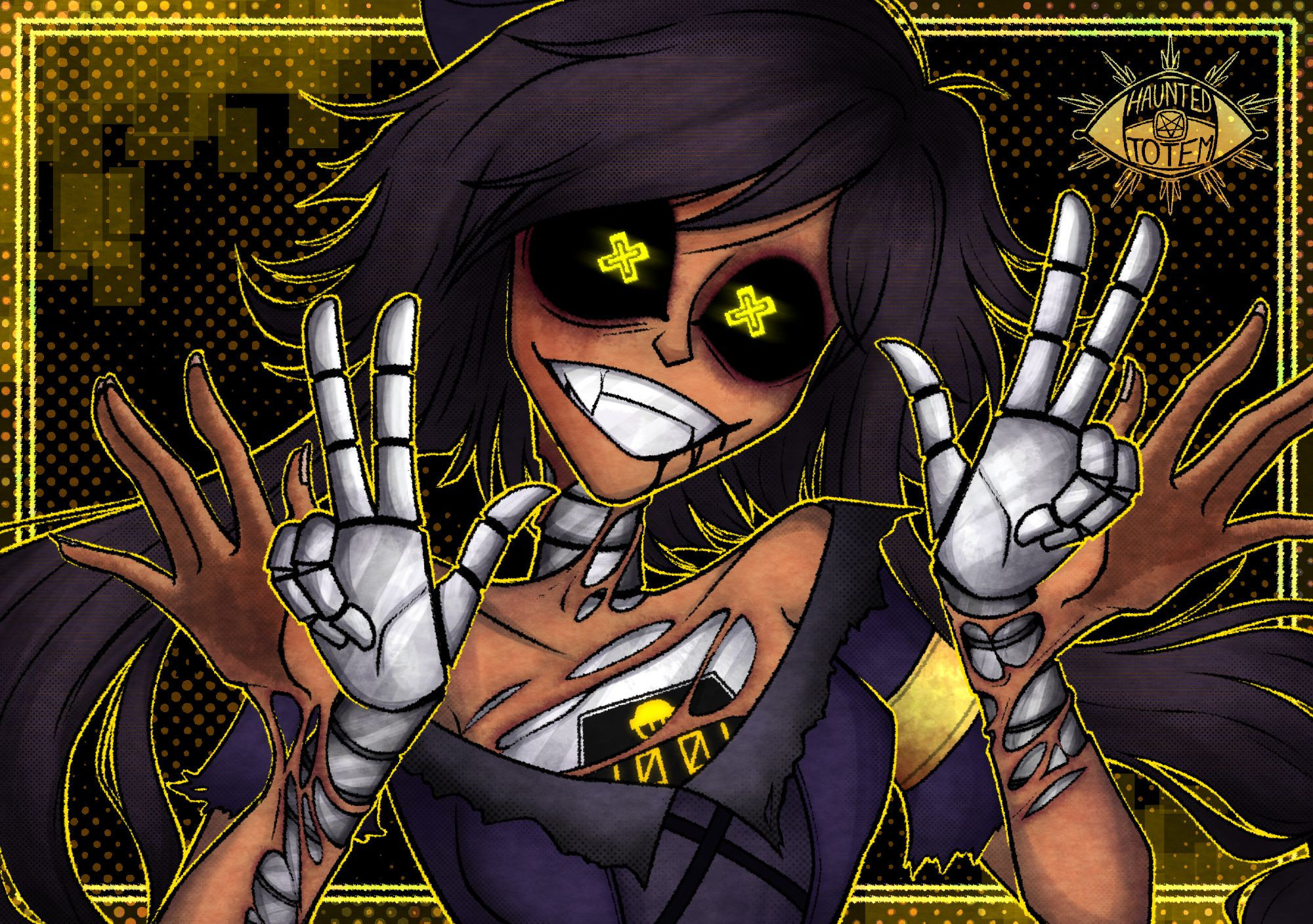 fanart drawn by hauntedtotem of Cynessa from Murder Drones. shes smiling and making peace signs with her robot hands, while her human hands are waving. the skin separating Tessa's human body from Cyn's drone body is torn in a mildly gorey body horror fashion. the art is primarily yellow and black