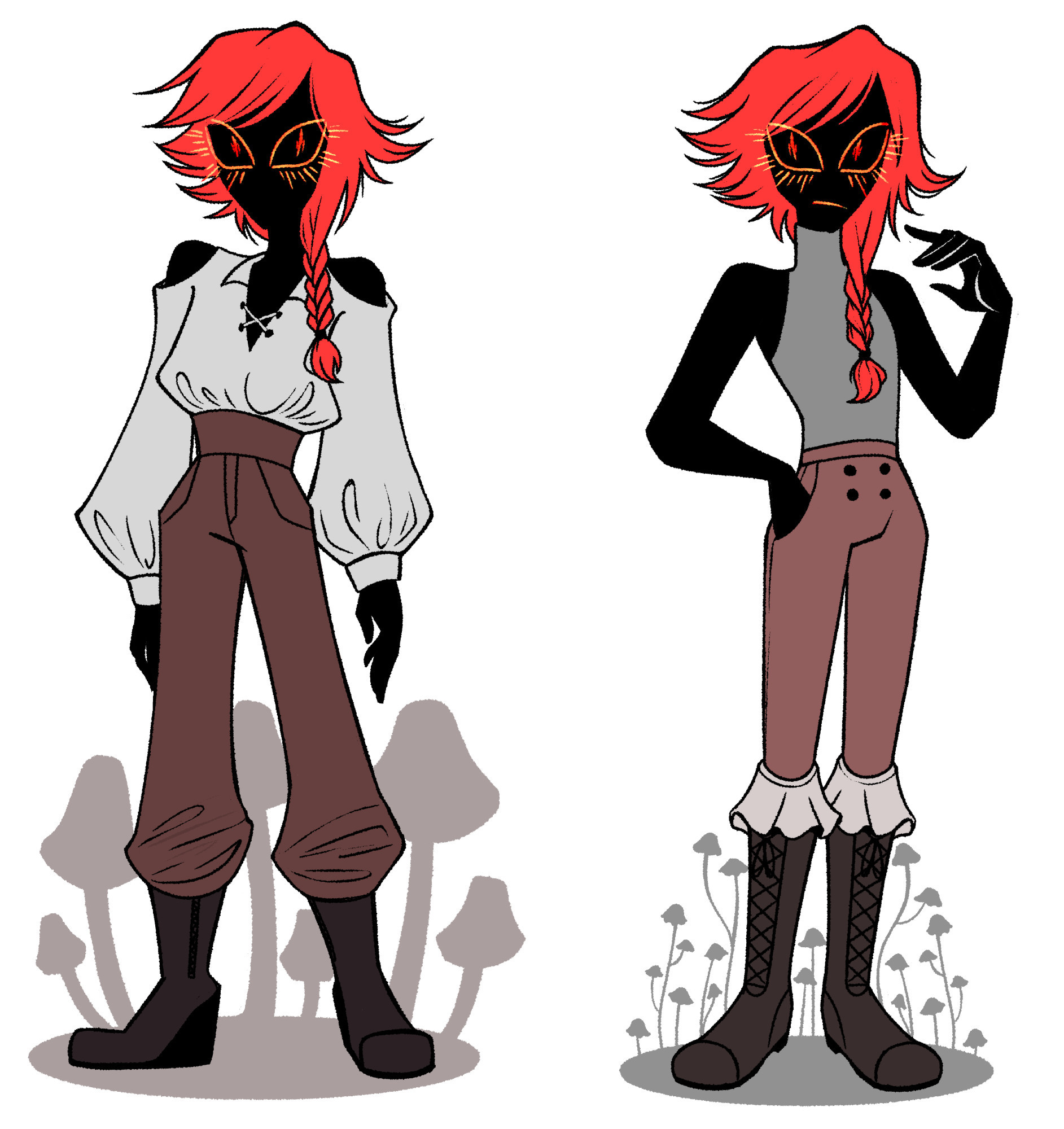 two drawings of Vermillion by hauntedtotem. he is depicted in different outfits in each one. on the left, he has a pirate-style white shirt, with pillowy sleeves and a lowcut neck. he has long puffy brown pants, and dark high heeled boots. his red braid is the same as usual, as is his redish orange eyes, although he has no mouth. (his facial features are an illusion he makes up, so they can come and go as he pleases.)
Vermillion on the right is draw in a grey sleeveless turtle neck, light brown tight pants, lace socks and brown laced up boots. the right one looks more feminine. 