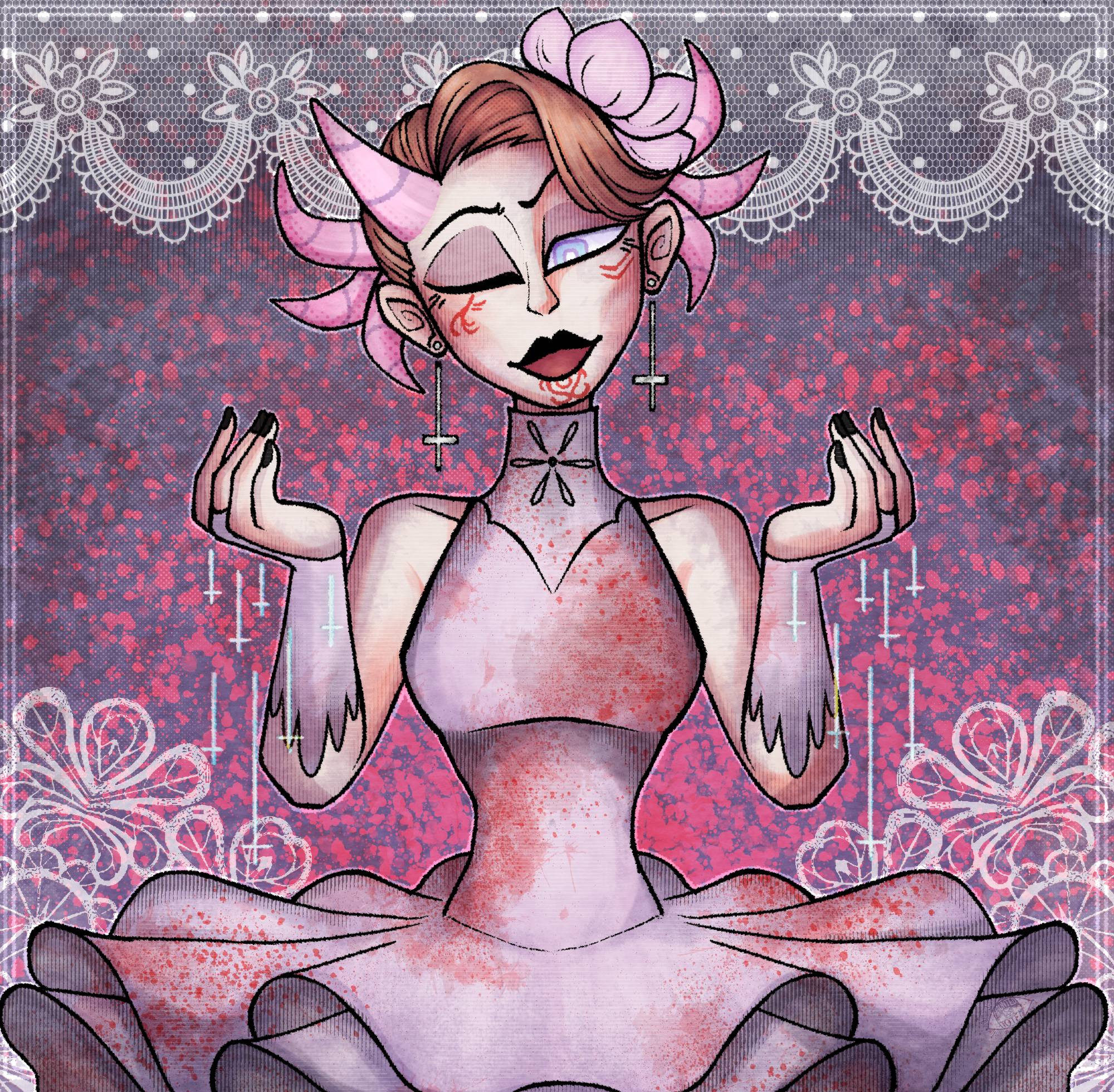 fanart of Anazareth from indie horror game "that's not my neighbor". she is wearing a bloody ballerina tutu, one eye closed with her hands out, upside down crosses dripping from her hands like blood. she has pink horns, face tattoos, red lipstick, and a silvery blind eye. the borders of the art are covered in white lace, and the background has redish pink splatters.