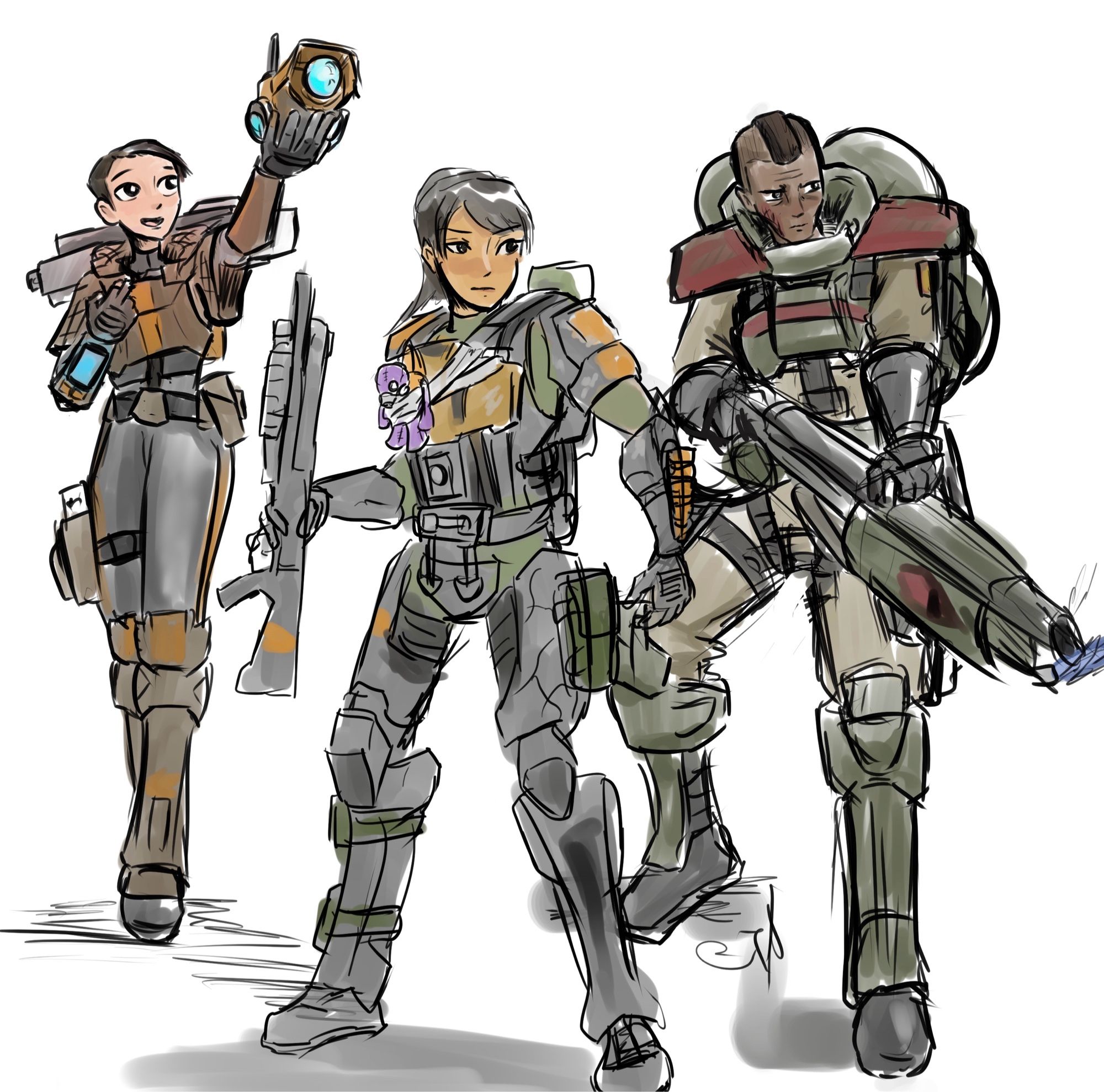 A drawing of three soldiers in futuristic body armor.