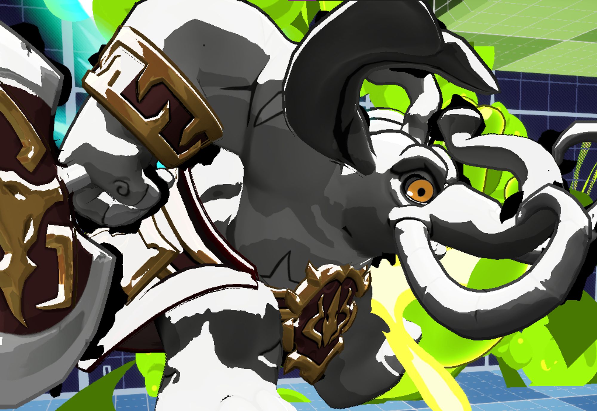 Loxodont from Rivals of Aether 2 in his hitpause frame. which is an exaggerated pose meant to show them taking a heavy hit