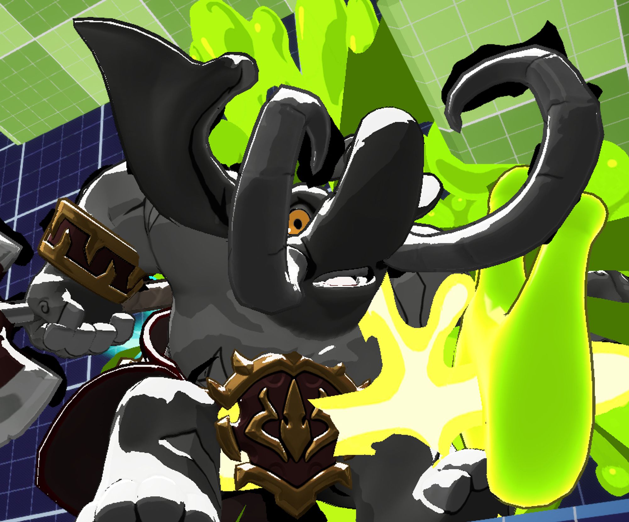 Loxodont from Rivals of Aether 2 in his hitpause frame. which is an exaggerated pose meant to show them taking a heavy hit. from a slightly different angle to make him look like he's making a funny face