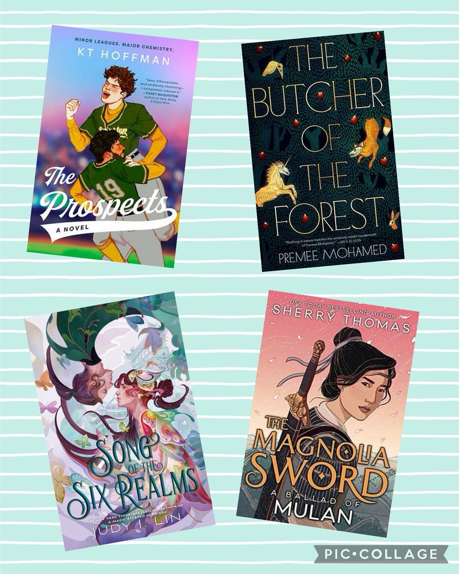 Collage of four book covers. The books from top left, clockwise: The Prospects by KT Hoffman; The Butcher of the Forest by Premee Mohamed; The Magnolia Sword: A Ballad of Mulan by Sherry Thomas; and Song of the Six Realms by Judy I. Lin.