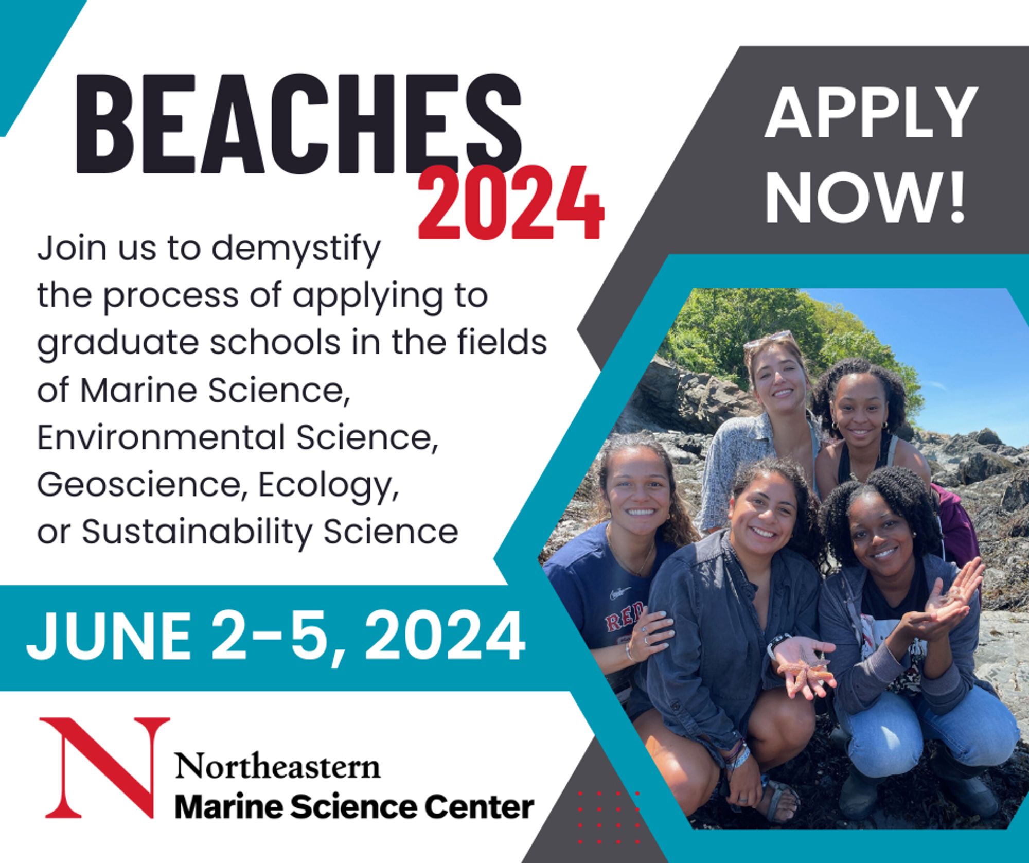 Flyer for BEACHES 2024 workshop to demystify the process of applying to graduate school, hosted by the Northeastern University Marine Science Center