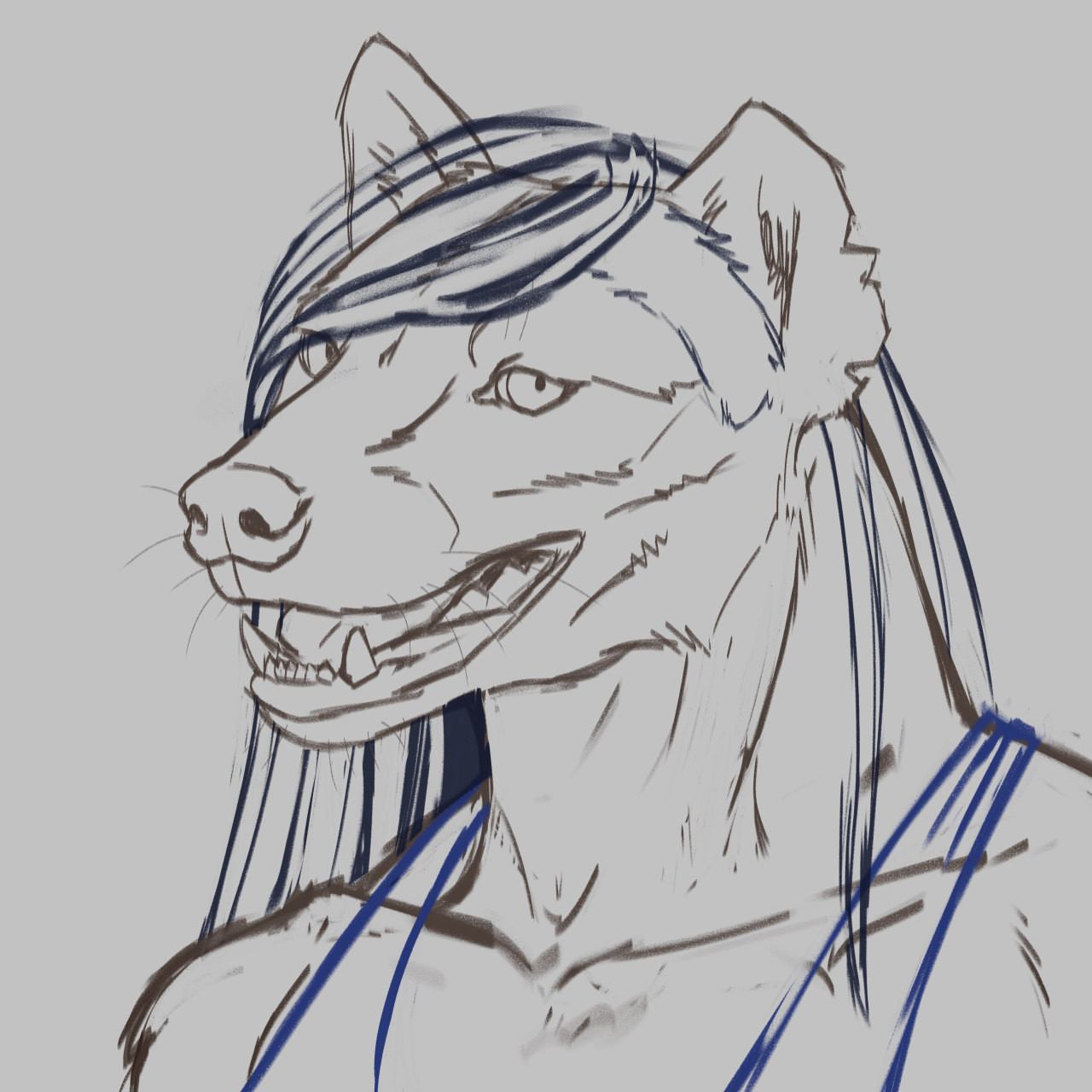 A sketch of an anthropomorphic hyena smiling at the viewer. She has a side cut. Digitally drawn.