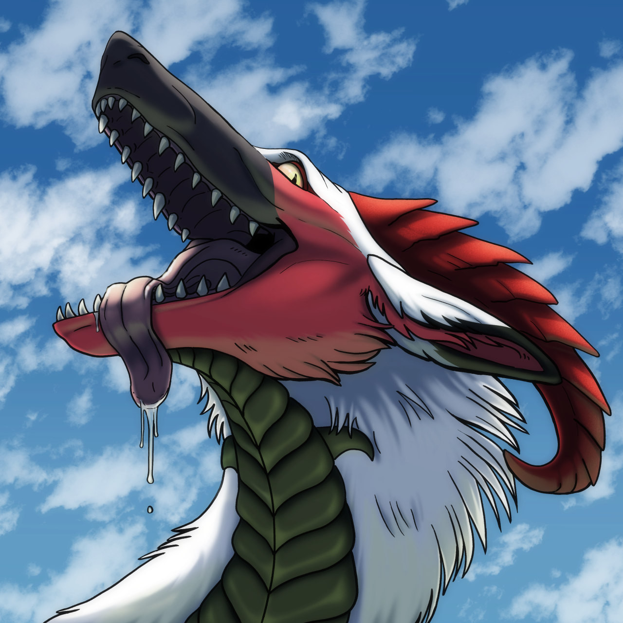 A dragon with raised head and open muzzle is looking down at the viewer. Digitally drawn.