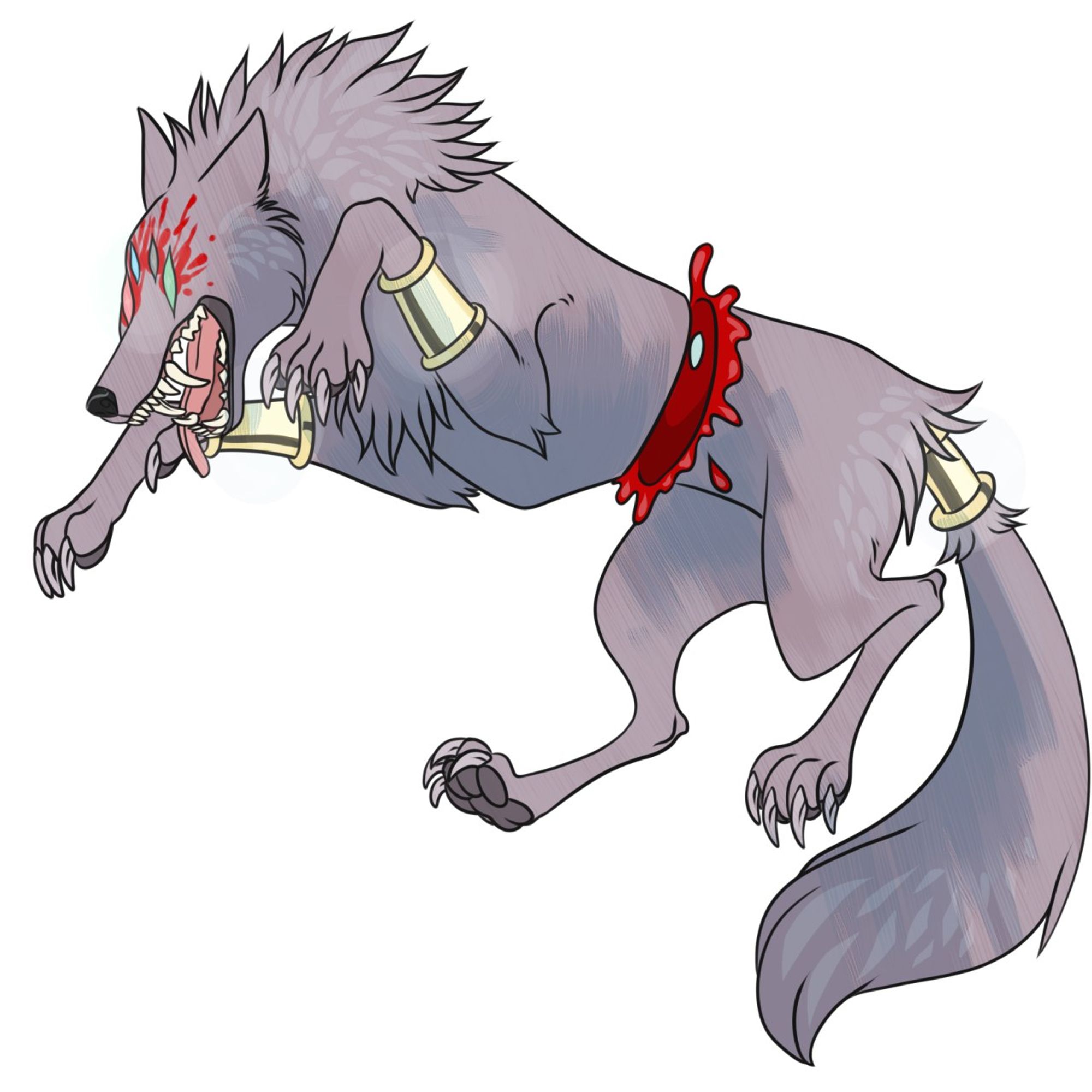 A jumping purple wolf. They have four, mono coloured eyes with blood around them. They are split in half. Furthermore, they have gold accessories around their front legs and on their tail. Digitally drawn.