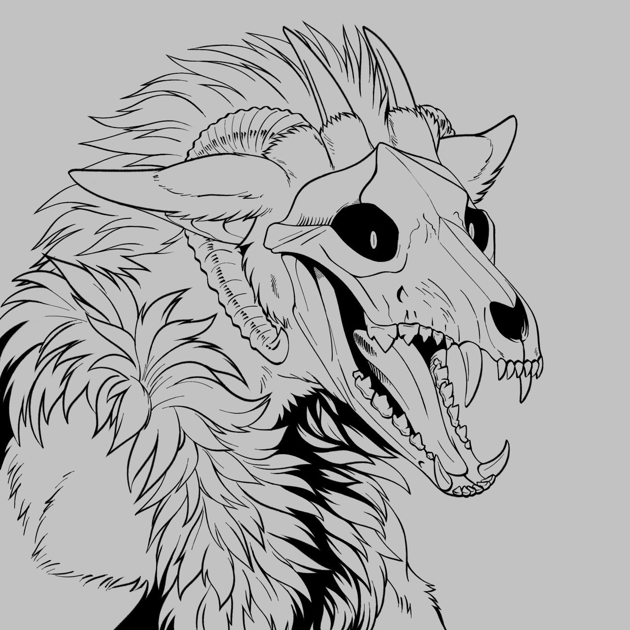 A skull faced creature with open muzzle. They have two sets of horns and a fluffy mane. Digitally drawn.