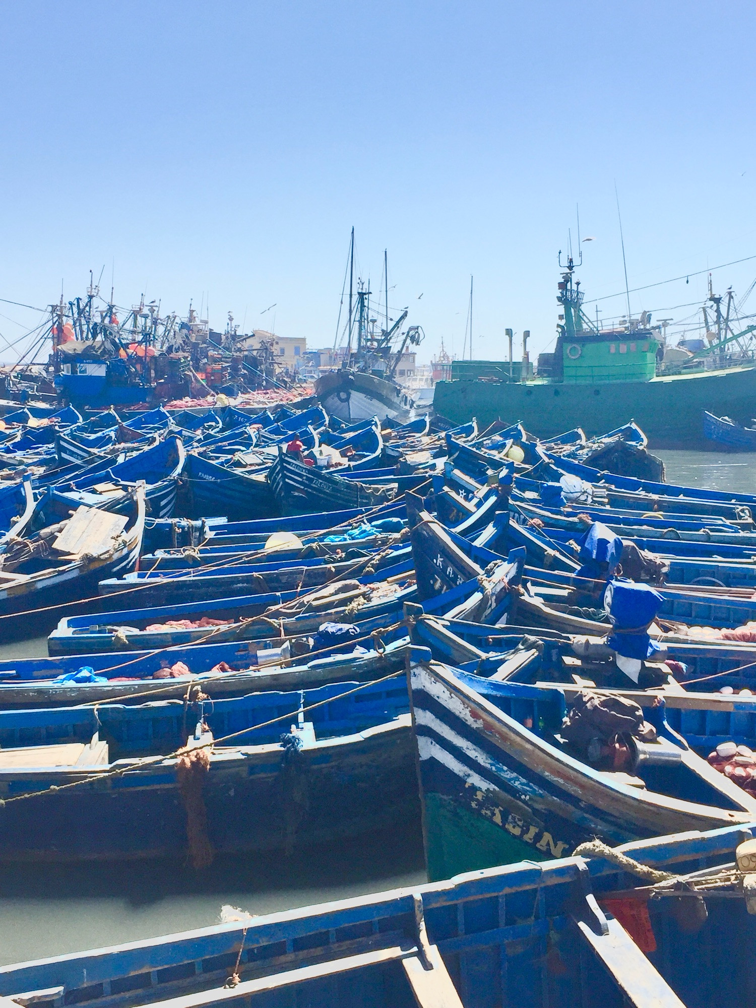 Traditional blue fishing boats, nose-to-nose in the harbour