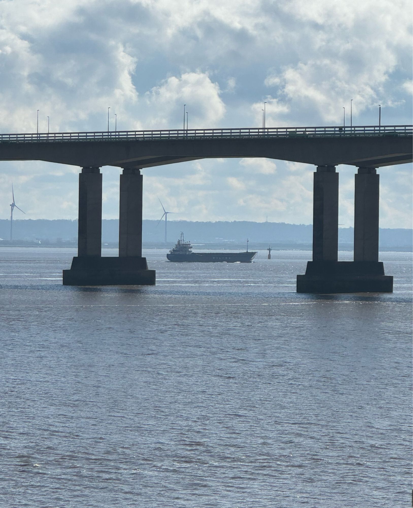 New Severn bridge with wind generators and tanker in background