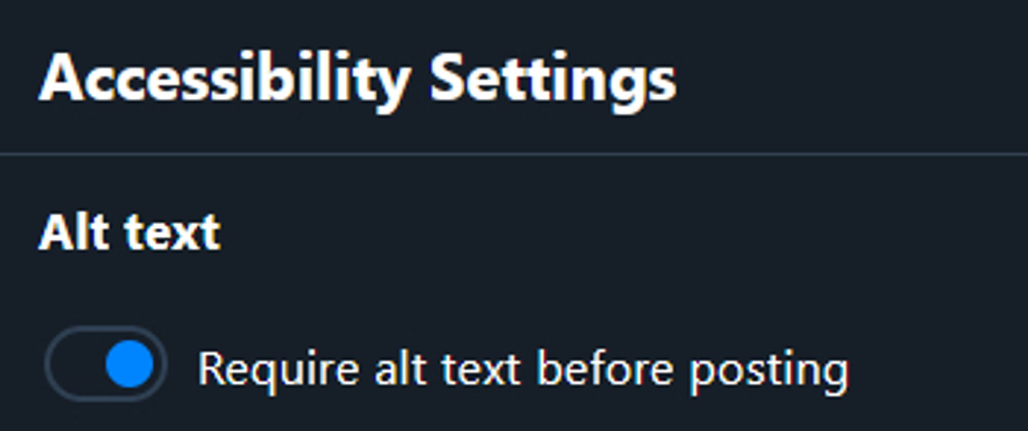 Accessibility Settings of bluesky showing option 'require alt text before posting'